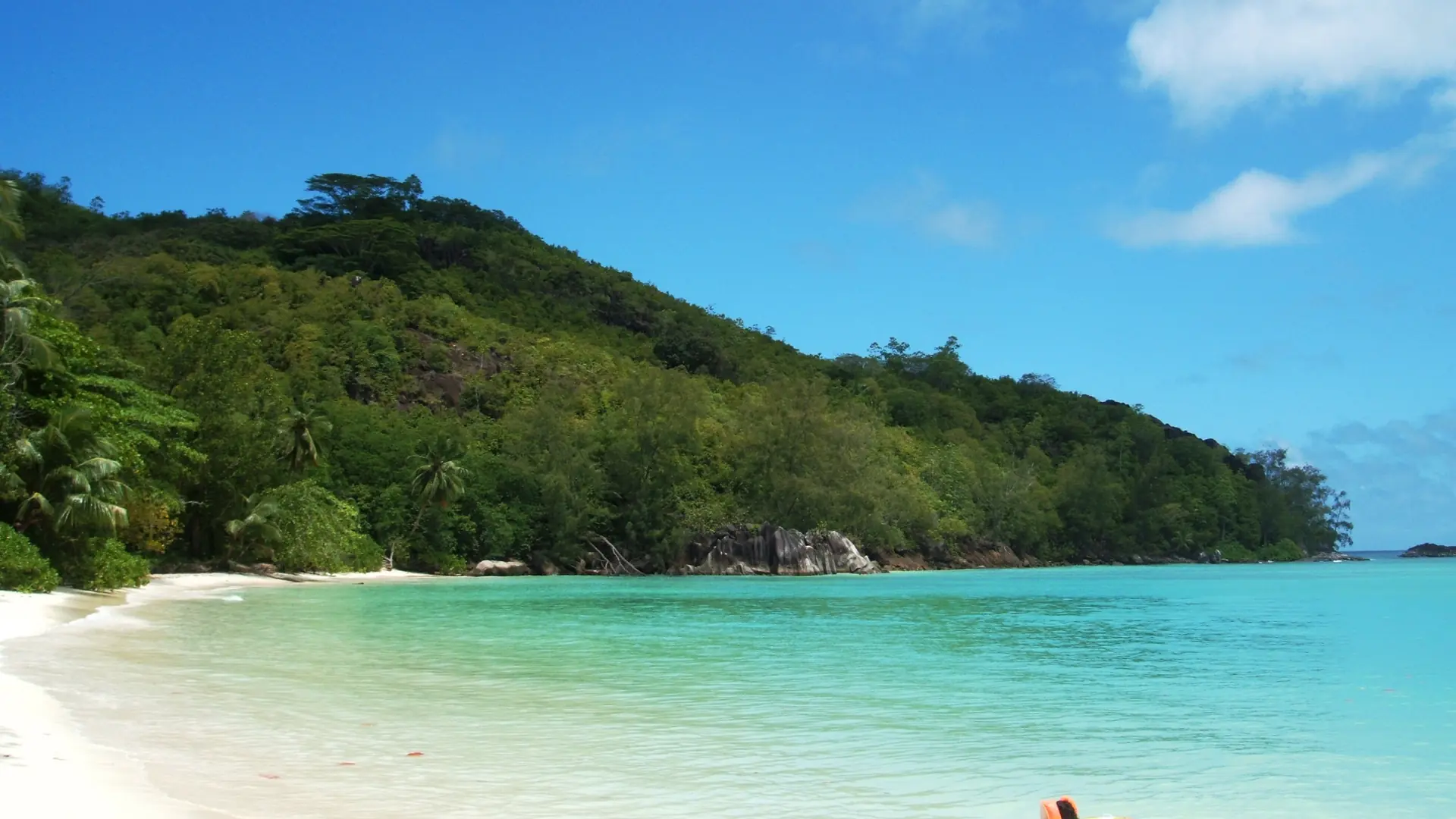 Sunlit turquoise water and white sand at Anse Royale Beach on Mahé