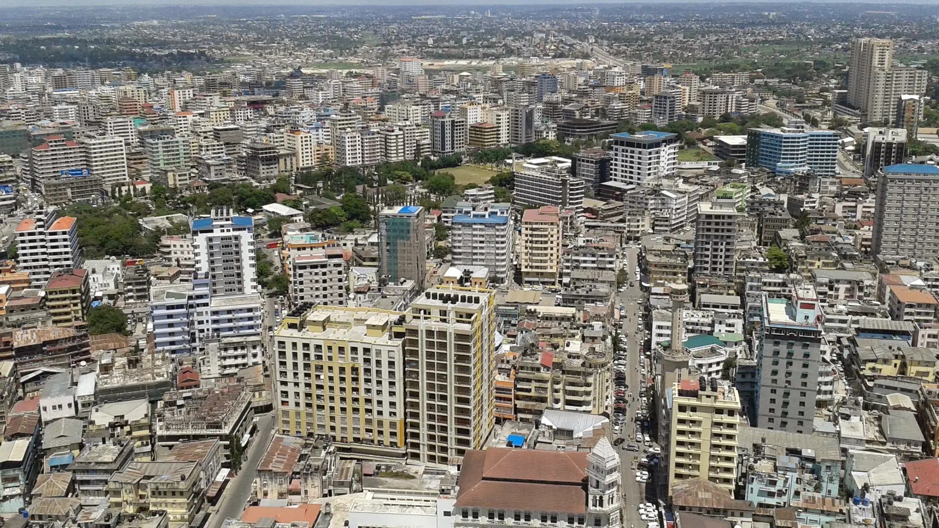 Daylight aerial view of central Dar es Salaam buildings and streets