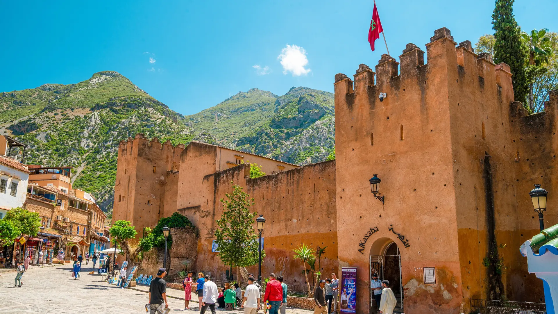 Chefchaouen central square and Kasbah in clear daylight