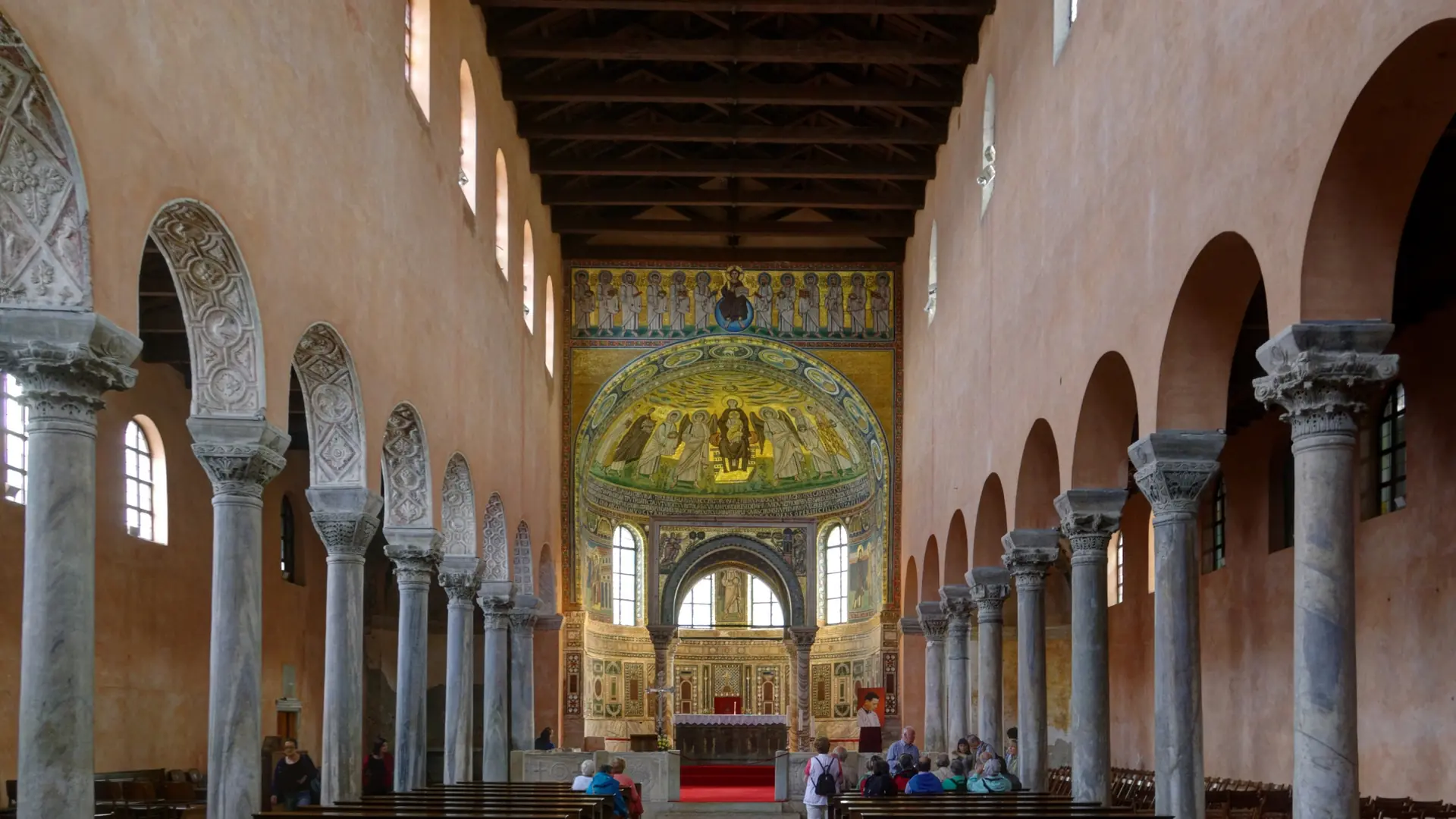 Nave and golden apse mosaics inside the Euphrasian Basilica in Poreč