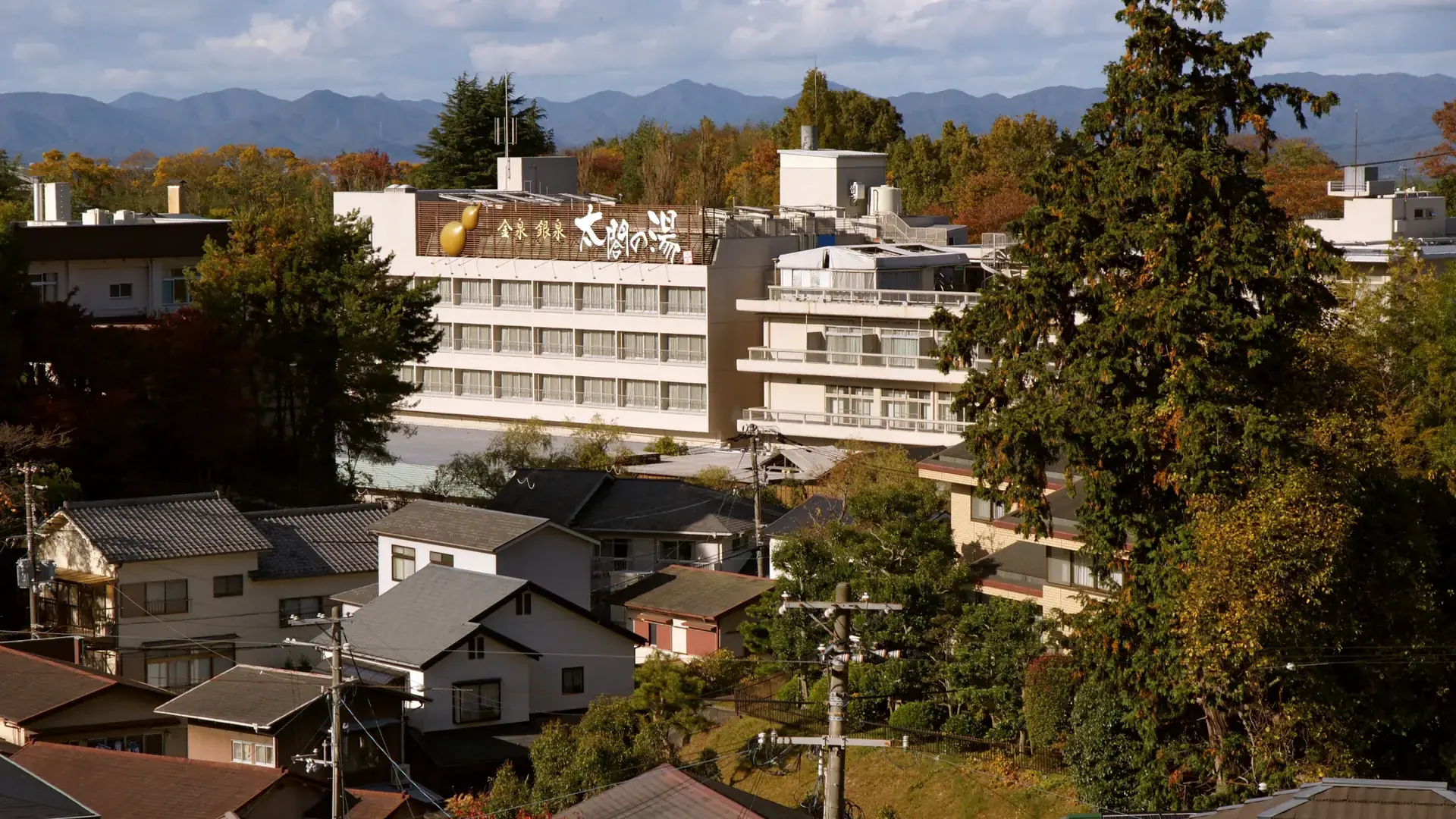 Arima Onsen's Taiko-no-yu spa rising above traditional town roofs and forested hills