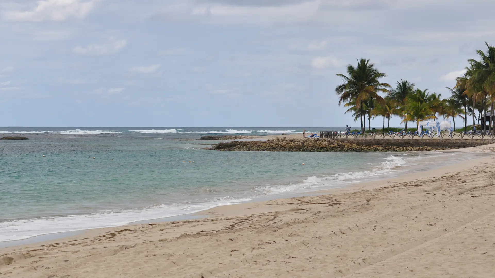 Sunny Playa Dorada shore and palms near Puerto Plata