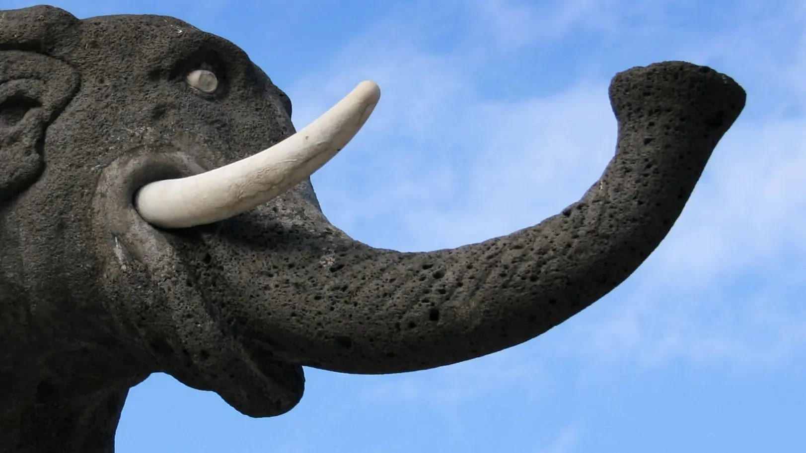 a close view of the lava-stone elephant statue, u Liotru, against a bright blue sky