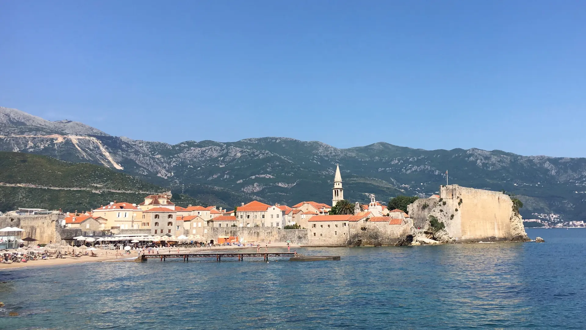 Budva Old Town on its rocky headland beside sunlit Adriatic water