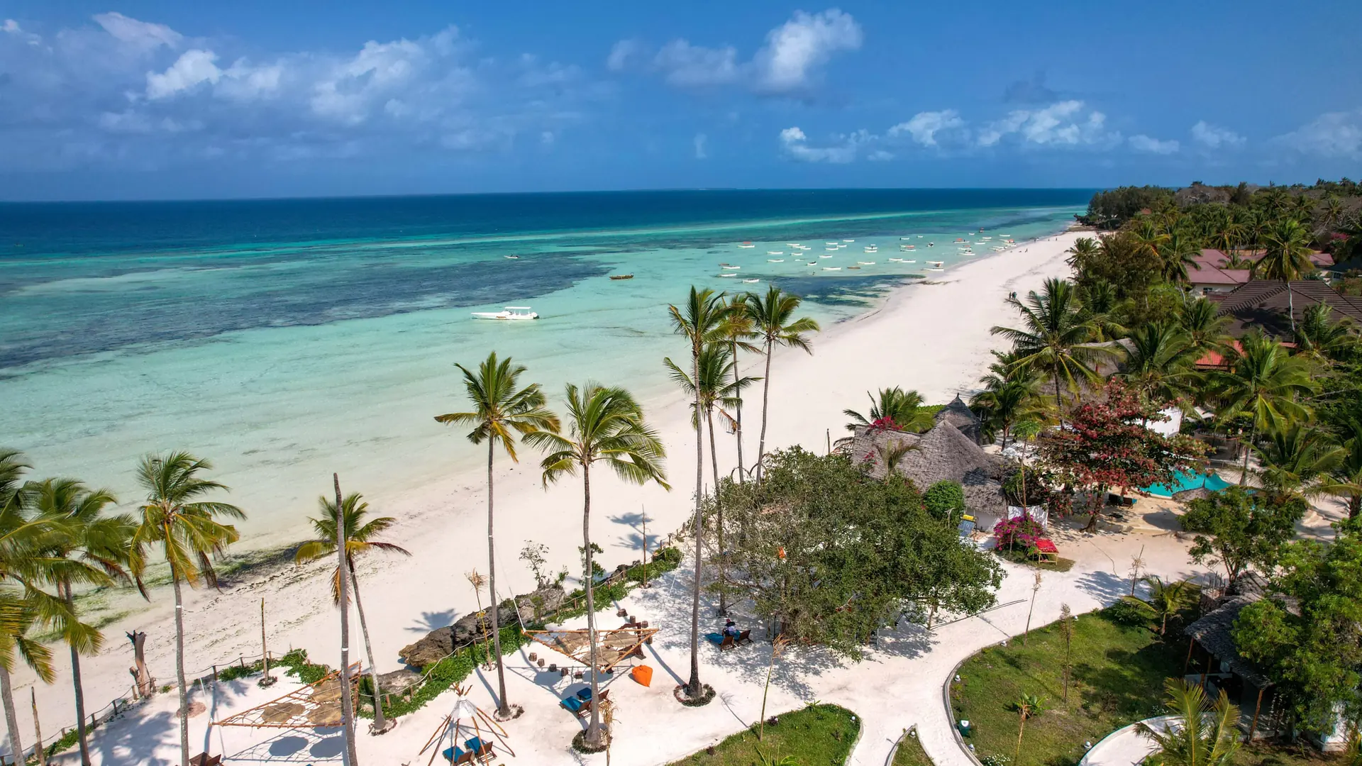 Aerial view of a sunny Zanzibar Island beach with white sand, palm trees, turquoise sea and boats offshore