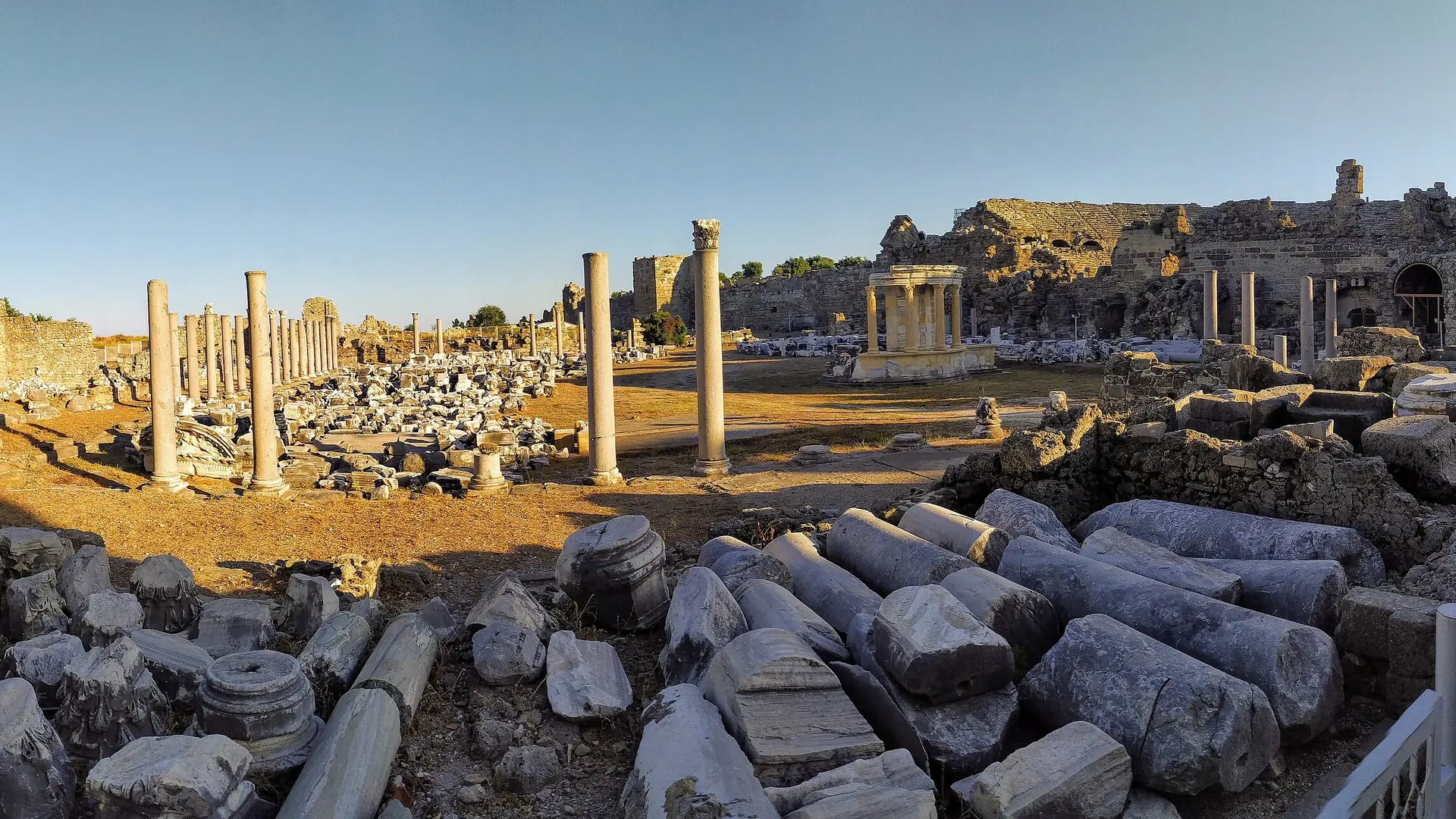 Sunlit columns and ruins across the ancient city of Side