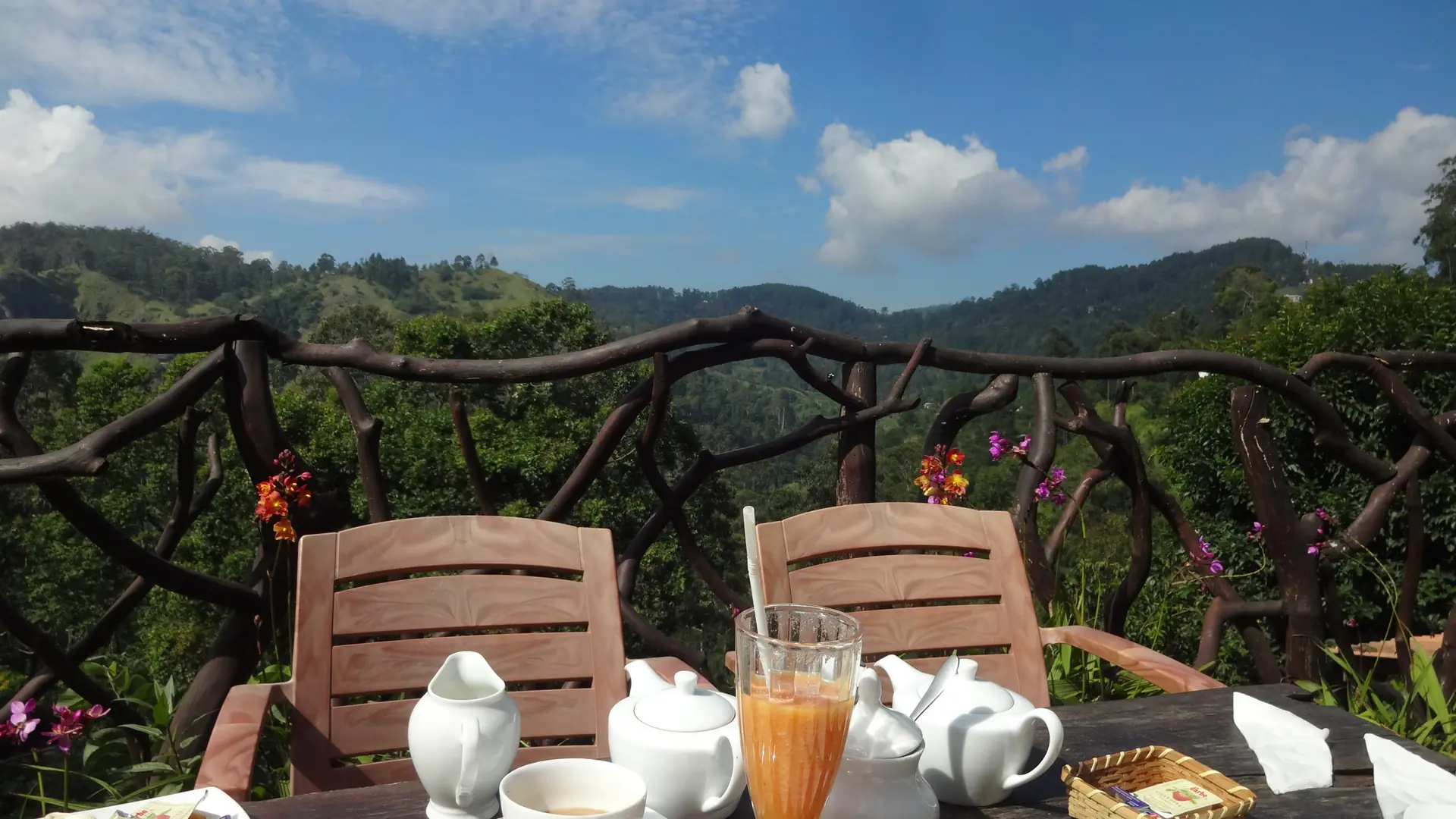 Terrace overlooking green hills at Ella Flower Garden in daylight