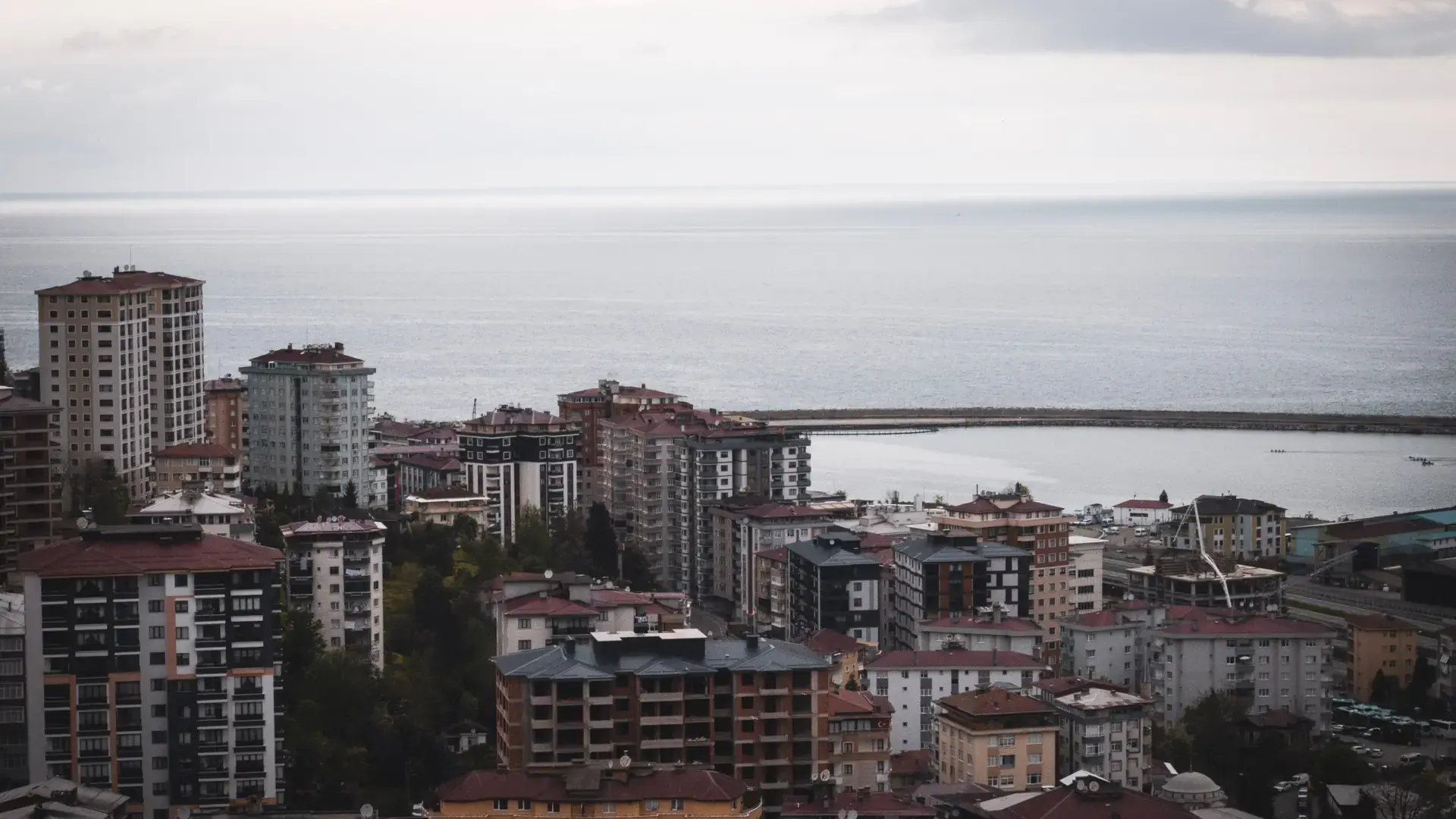 Trabzon apartment blocks rising above the calm Black Sea coastline