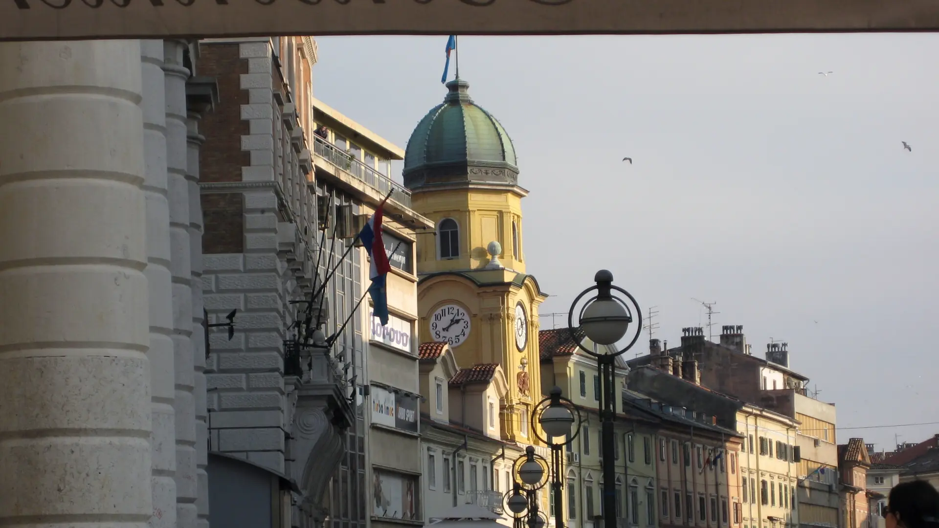 Rijeka’s yellow City Tower and clock above the Korzo street