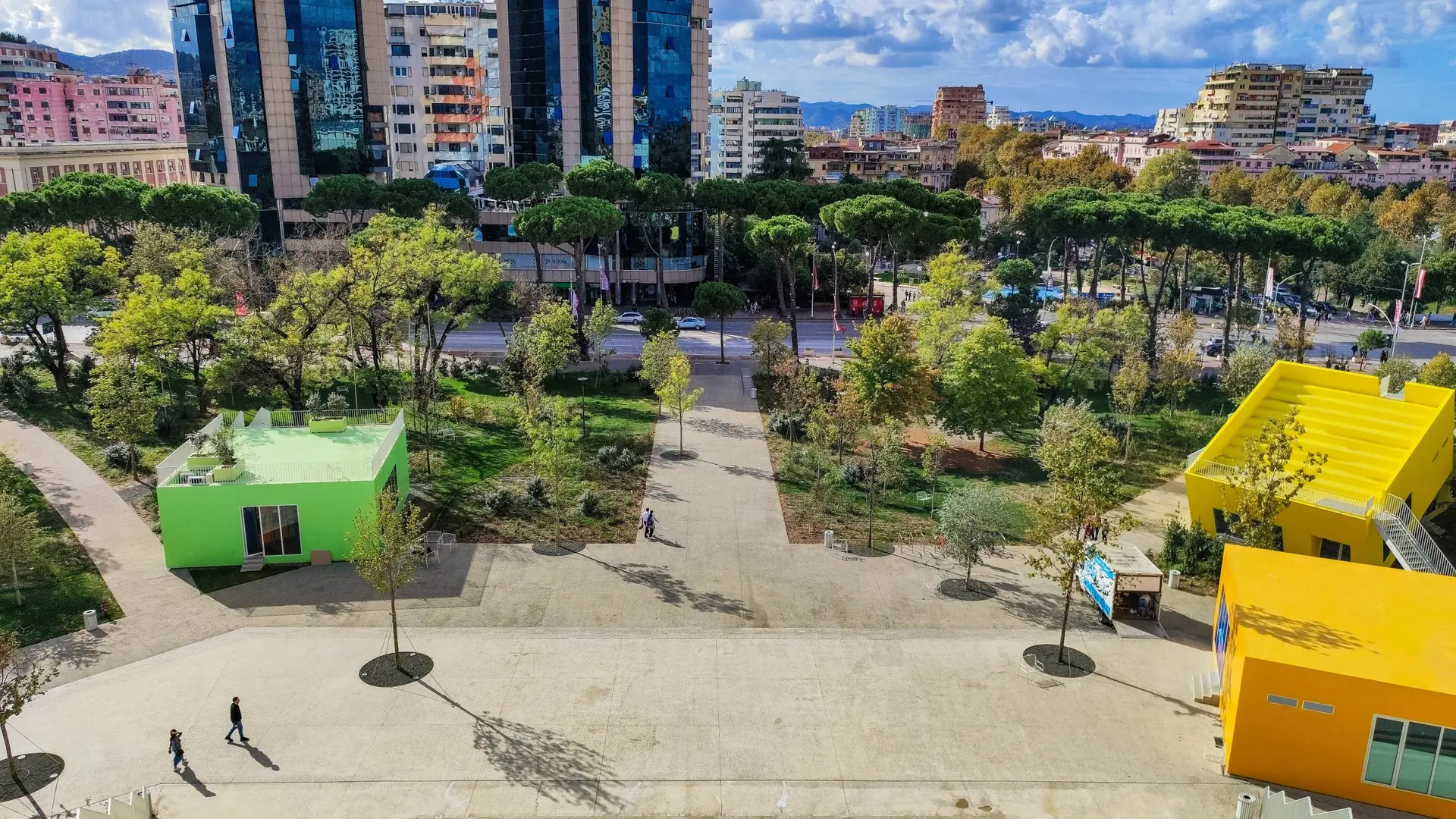 Colourful cubes on the rebuilt Pyramid of Tirana and new towers seen from its top