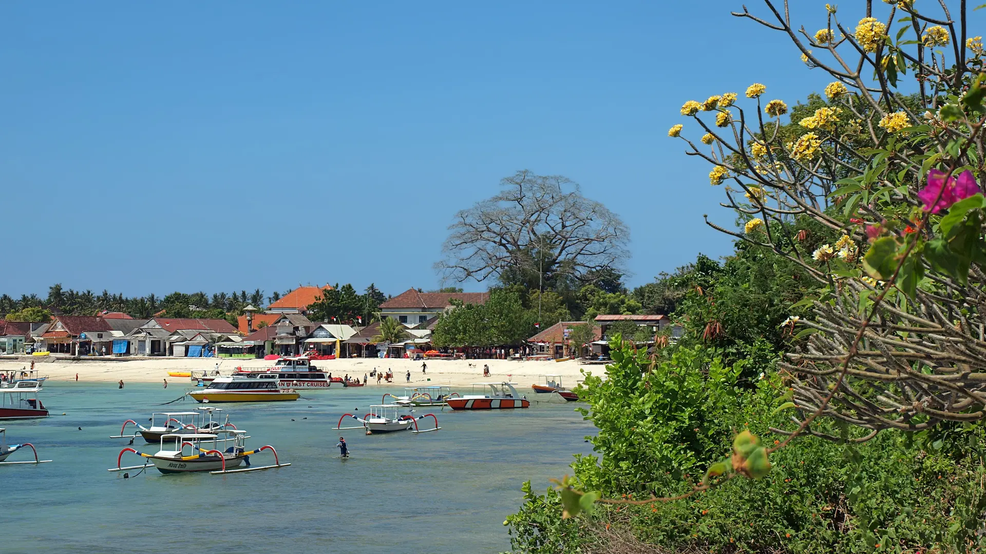 Beachfront village buildings and outrigger boats on the wider Nusa Lembongan coast