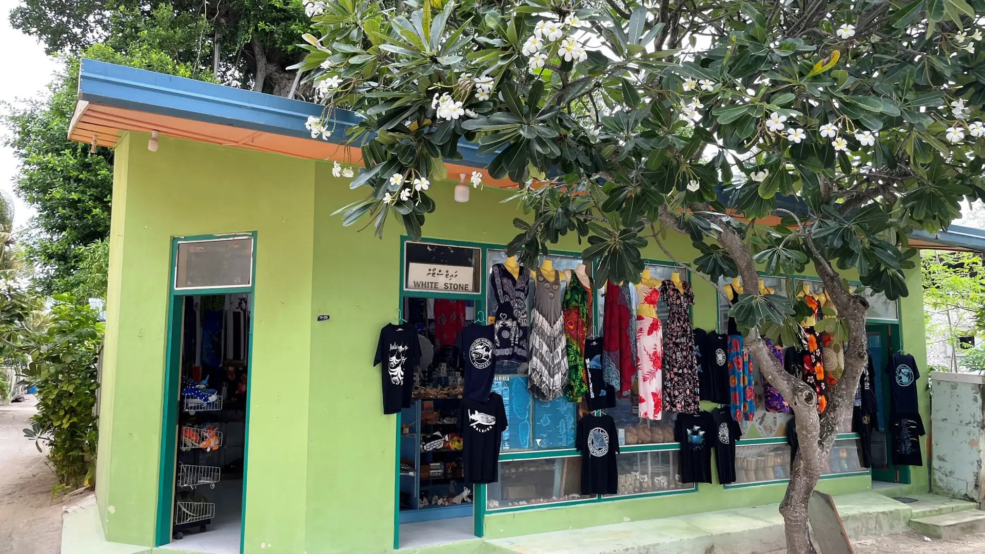 Colourful shop beneath flowering trees on neighbouring Dhangethi island