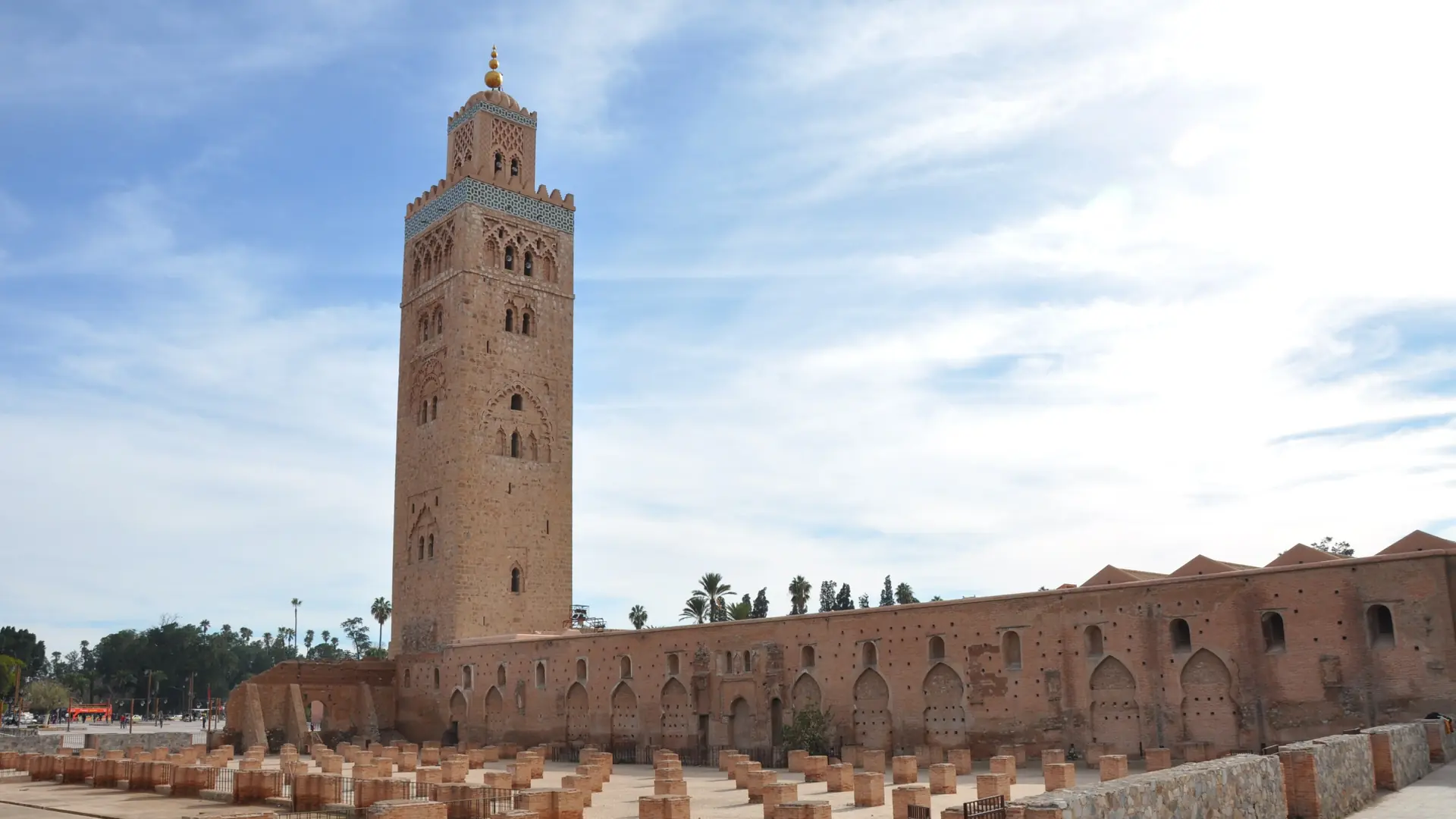 Sunlit Koutoubia minaret and mosque precinct in Marrakech
