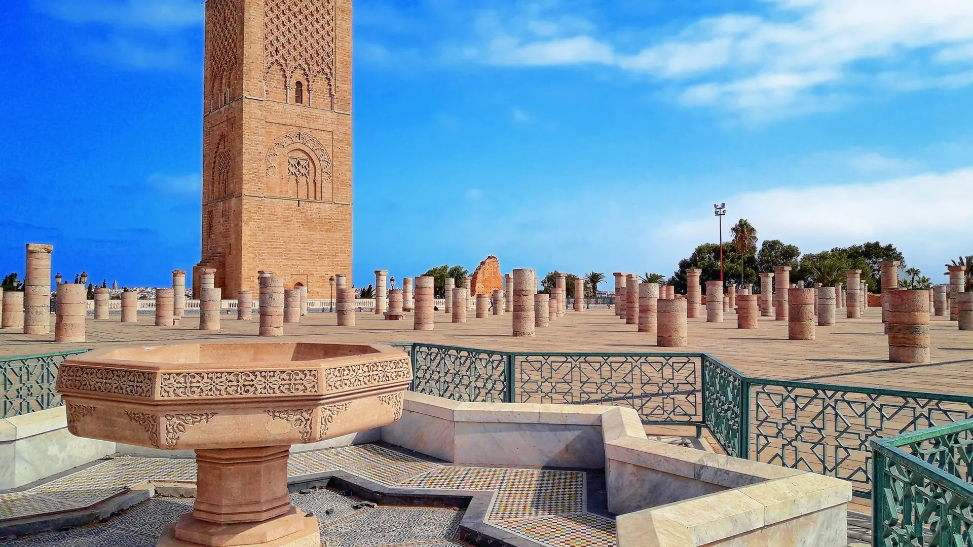 Hassan Tower above Rabat’s columned esplanade and ornate stonework in daylight