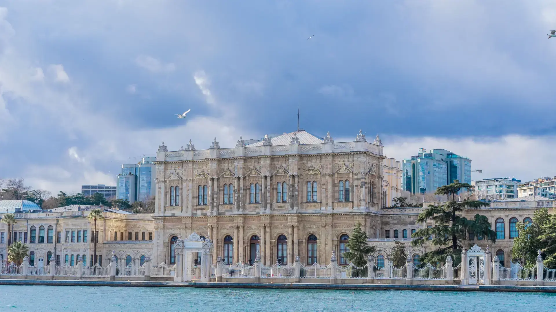 Dolmabahce Palace and Besiktas waterfront glowing in clear Istanbul sunshine