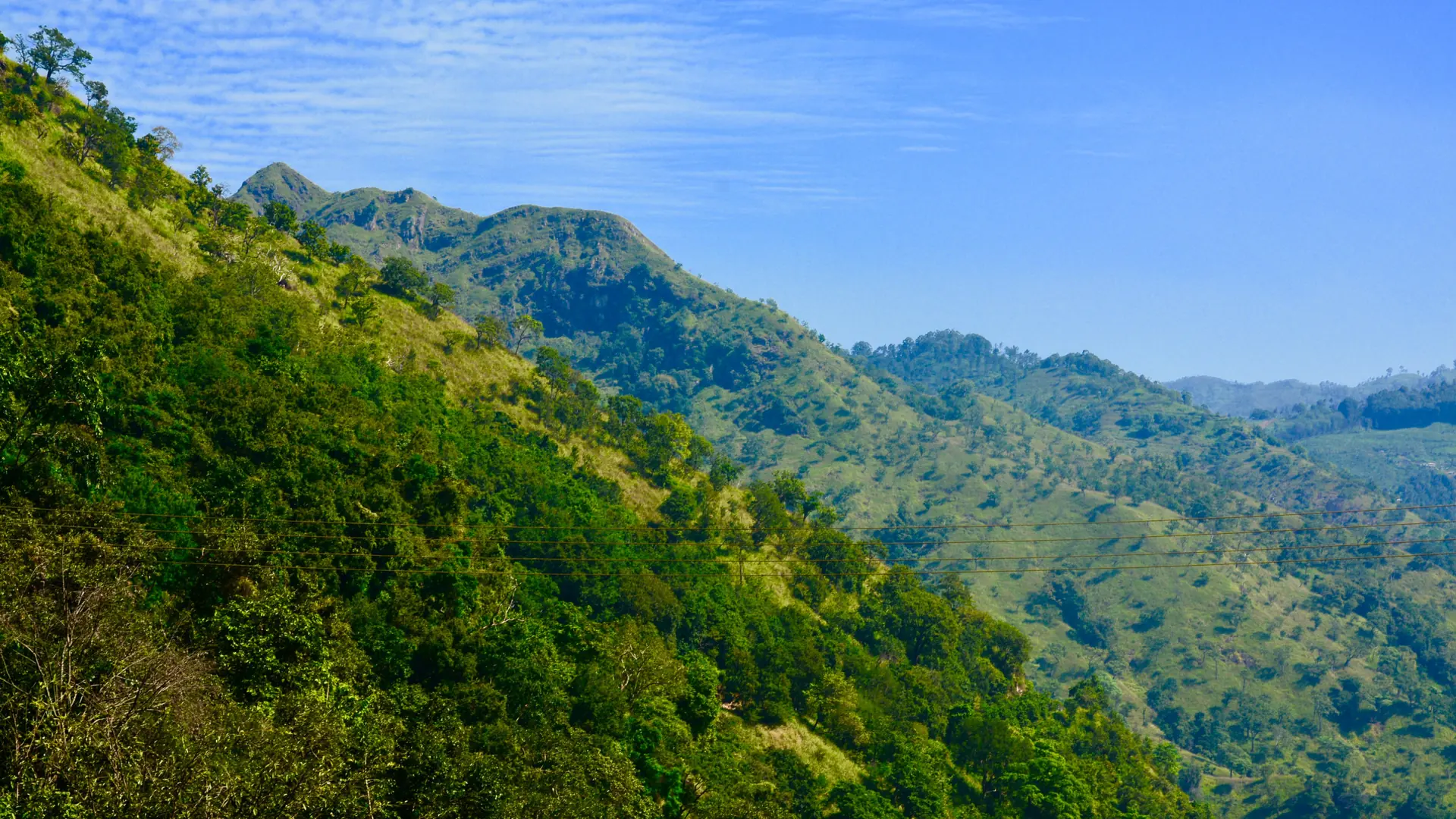 Sunlit green mountain slopes near Demodara outside Ella