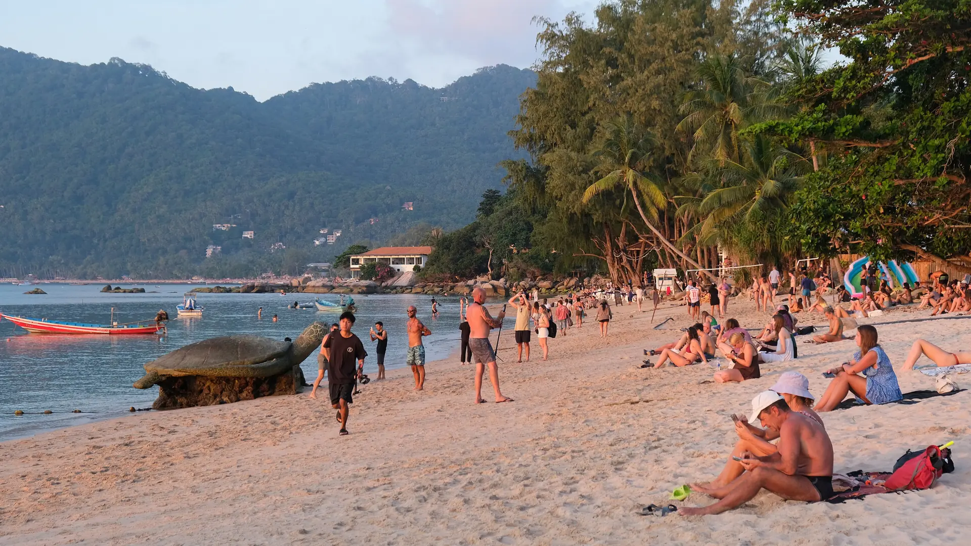 Mae Haad's sandy shoreline and anchored boats on Koh Tao