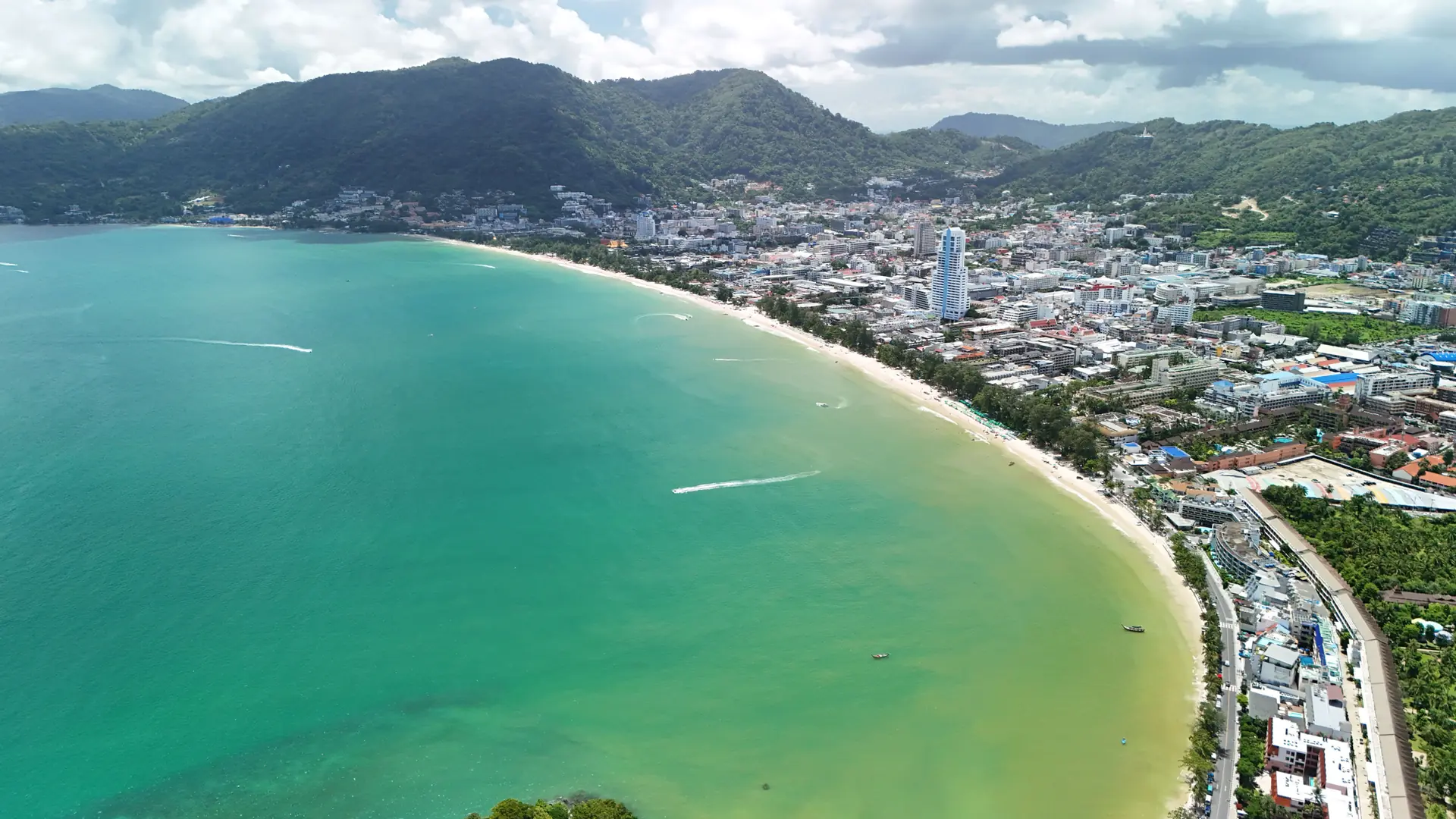 An aerial view of Patong Beach and its curving bay beside Phuket’s built-up west coast