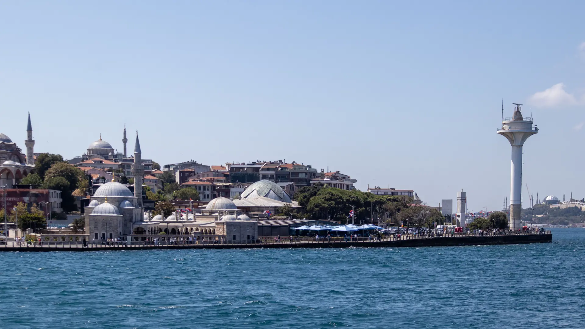 Historic mosques and waterfront landmarks lining the Bosphorus in Istanbul