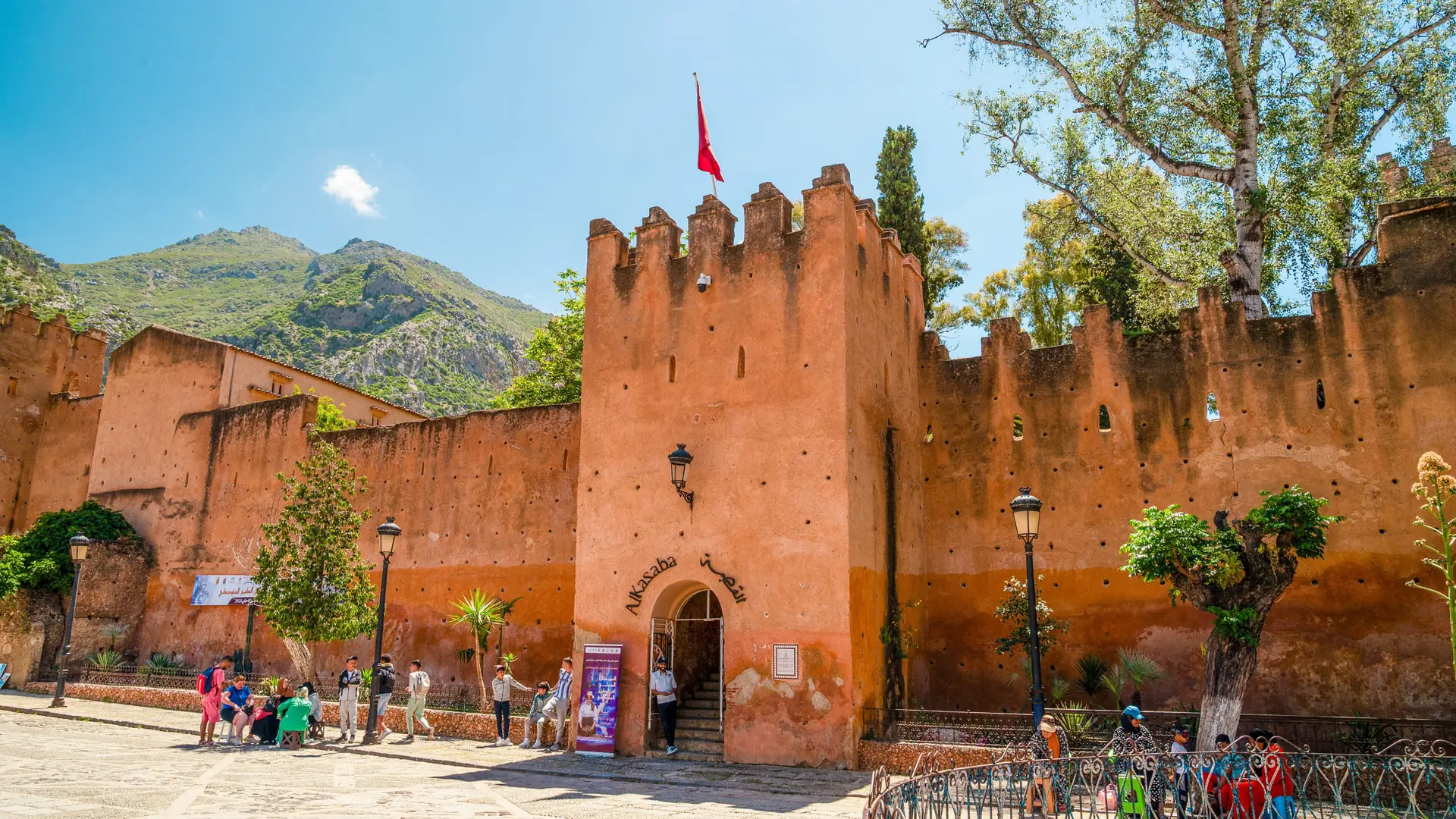 Chefchaouen Uta el-Hammam square and Kasbah in sunlight