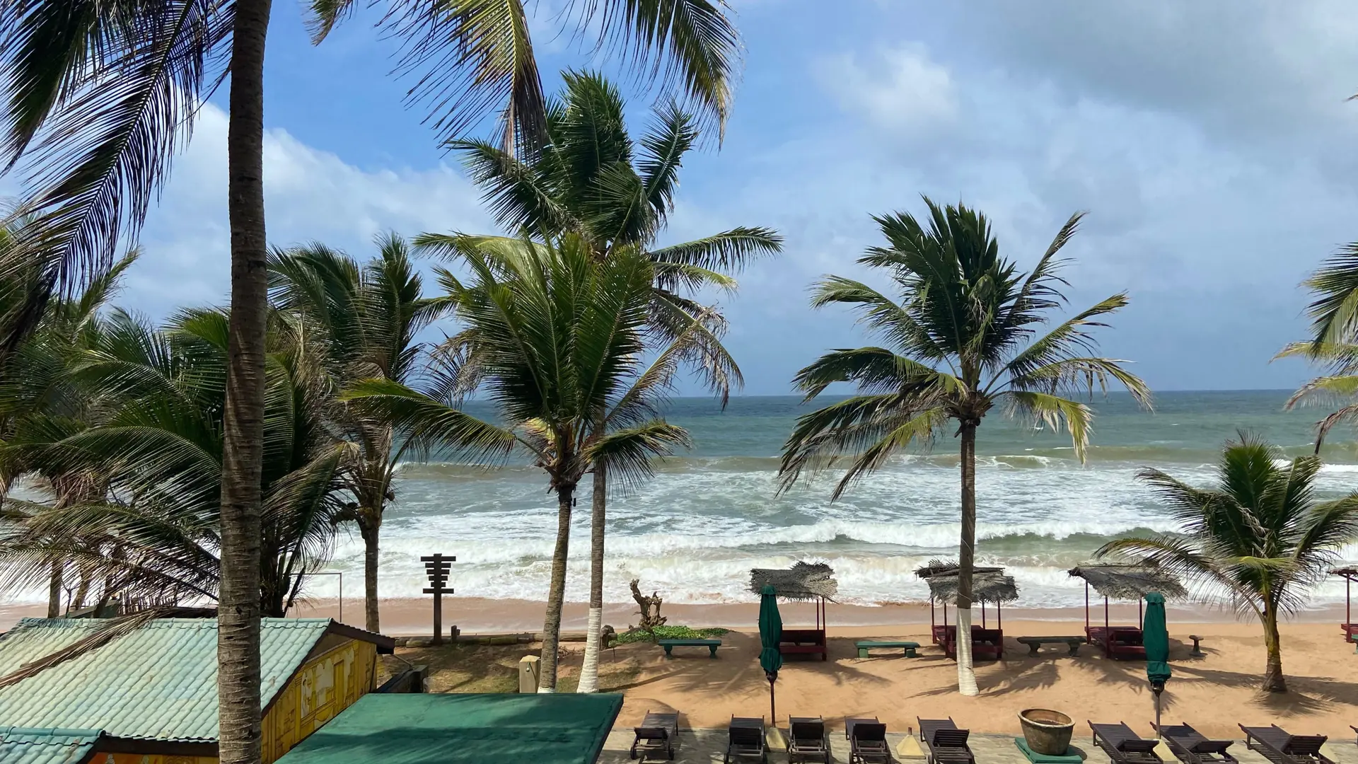 Palm trees and sun loungers above the surf on Bentota Beach