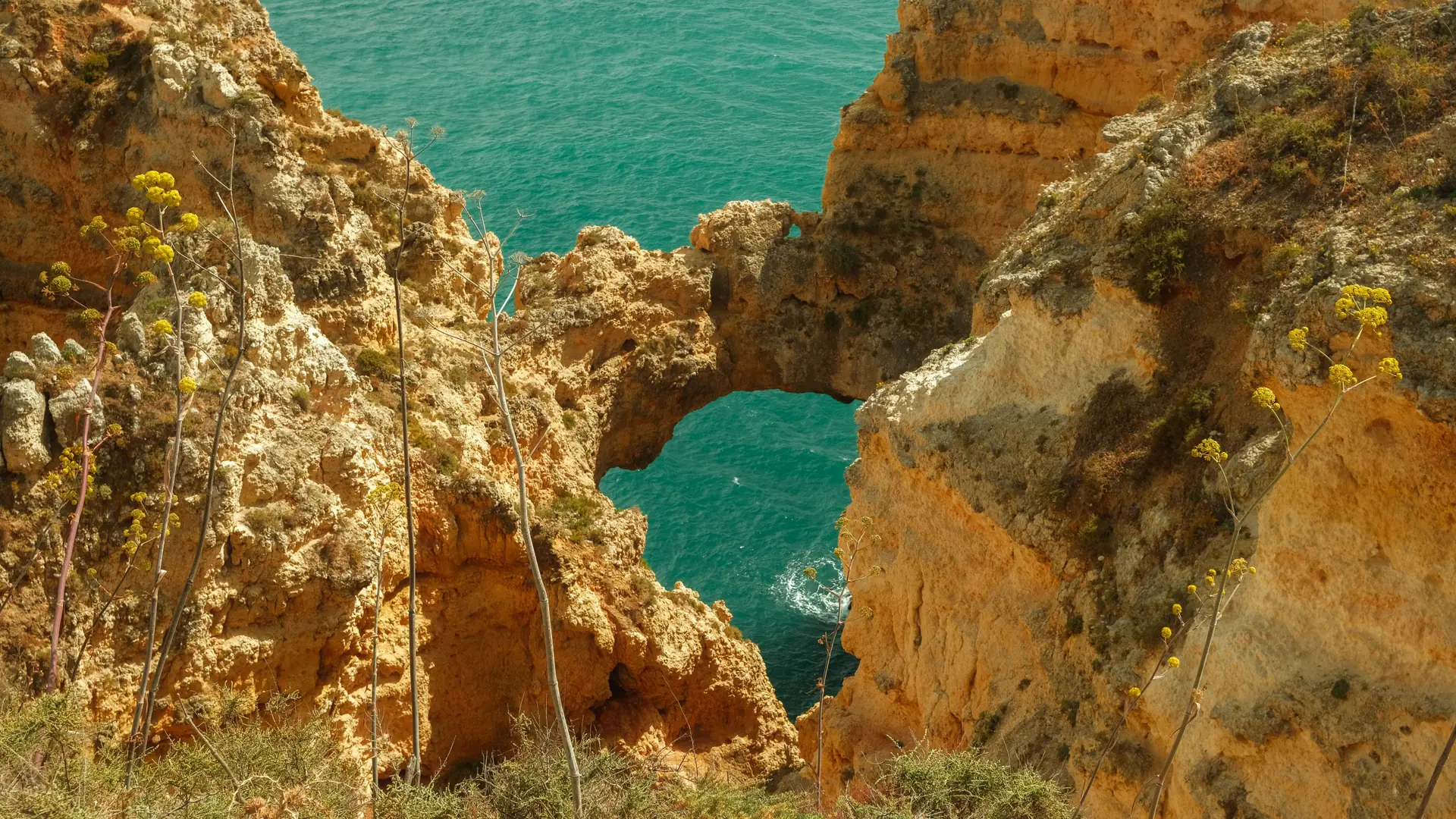 a golden limestone rock arch at Ponta da Piedade with vivid turquoise water below