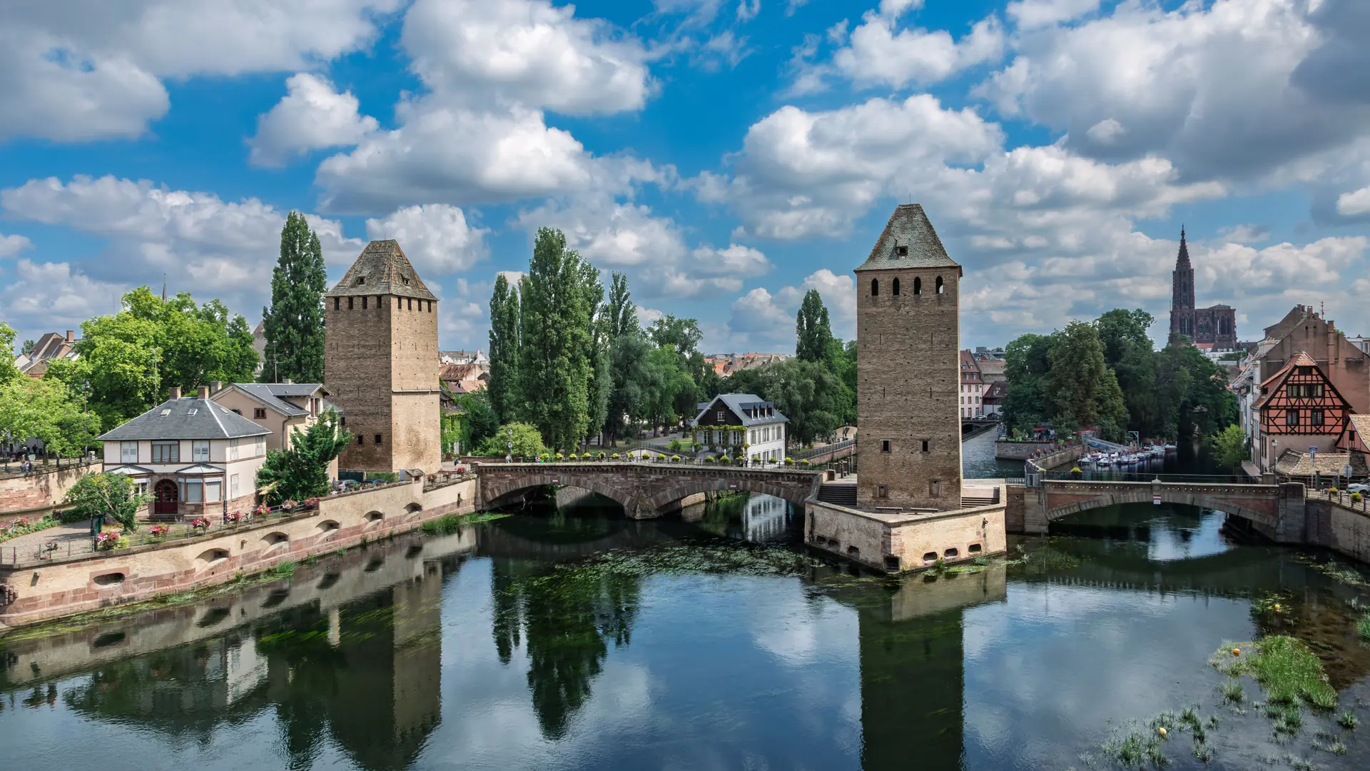 The Ponts Couverts towers and waterways in Strasbourg in daylight