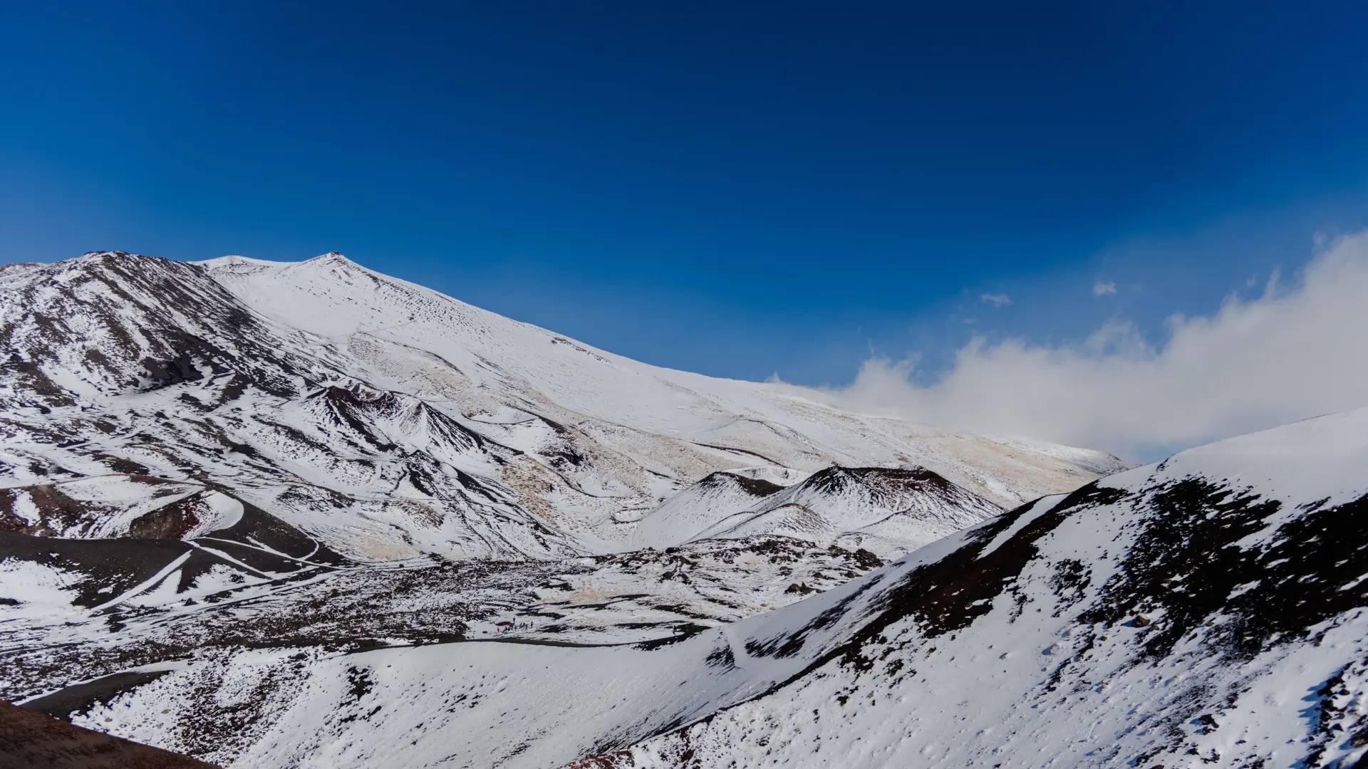 Mount Etna's snow-capped summit and crater ridge under a clear blue sky