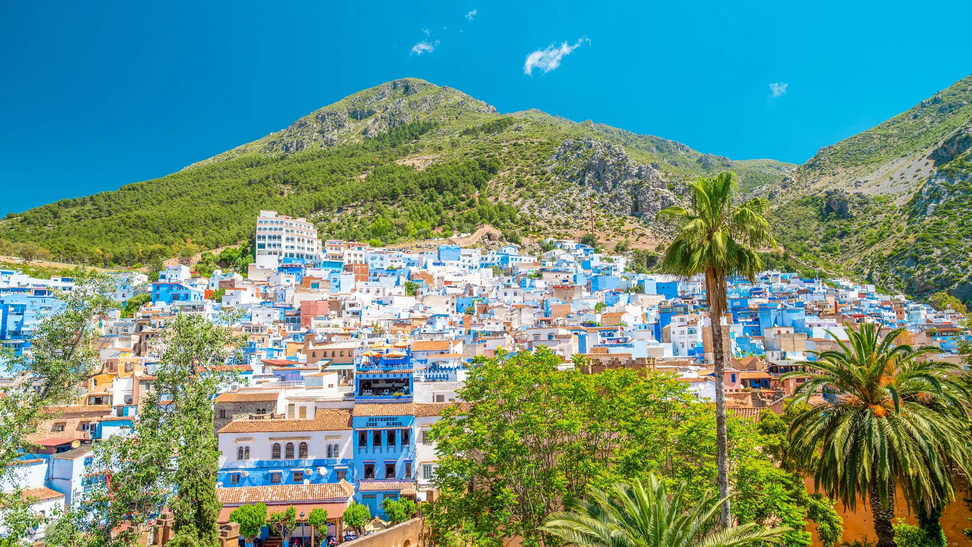 Blue Chefchaouen medina streets under clear daylight