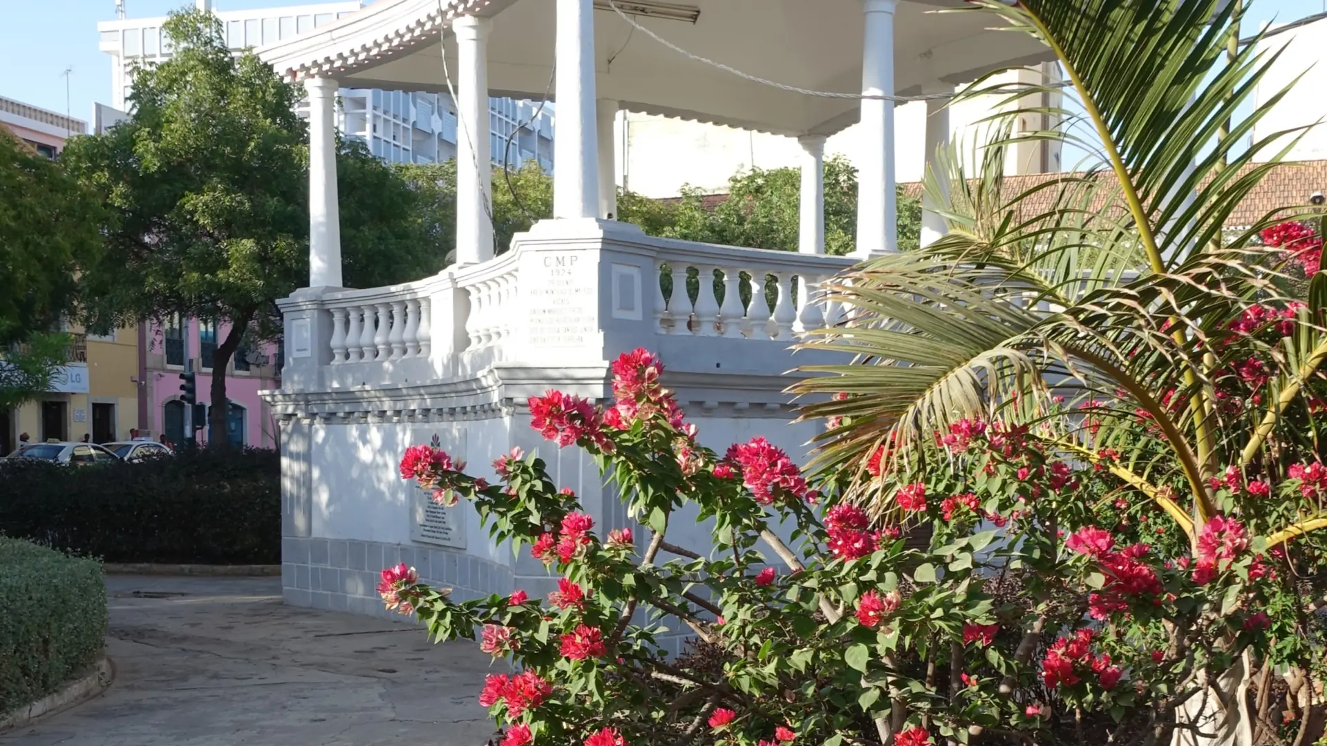 White pavilion and flowering shrubs on the Plateau in Praia