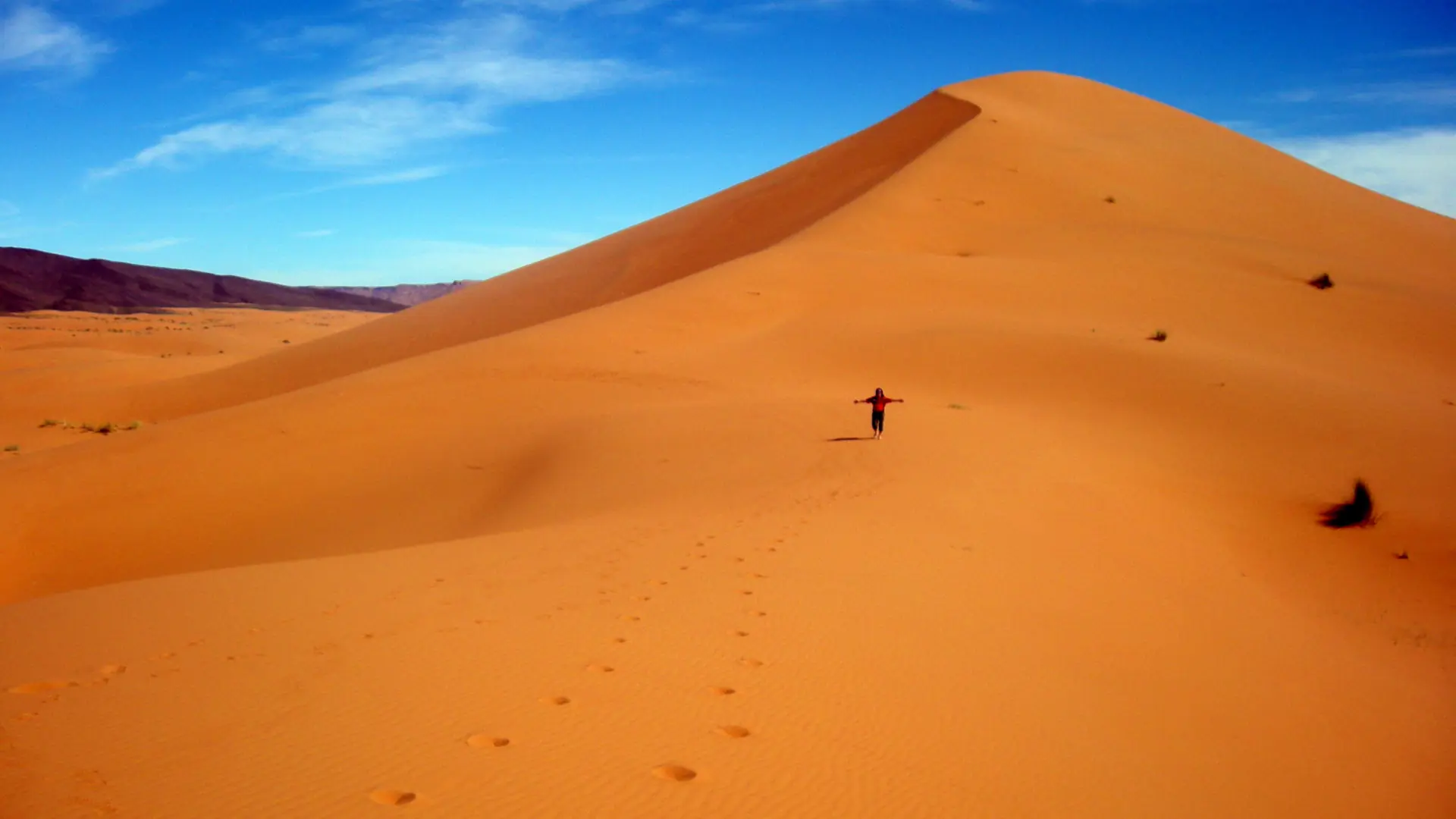 Golden Erg Chebbi dune beneath a clear blue Moroccan sky