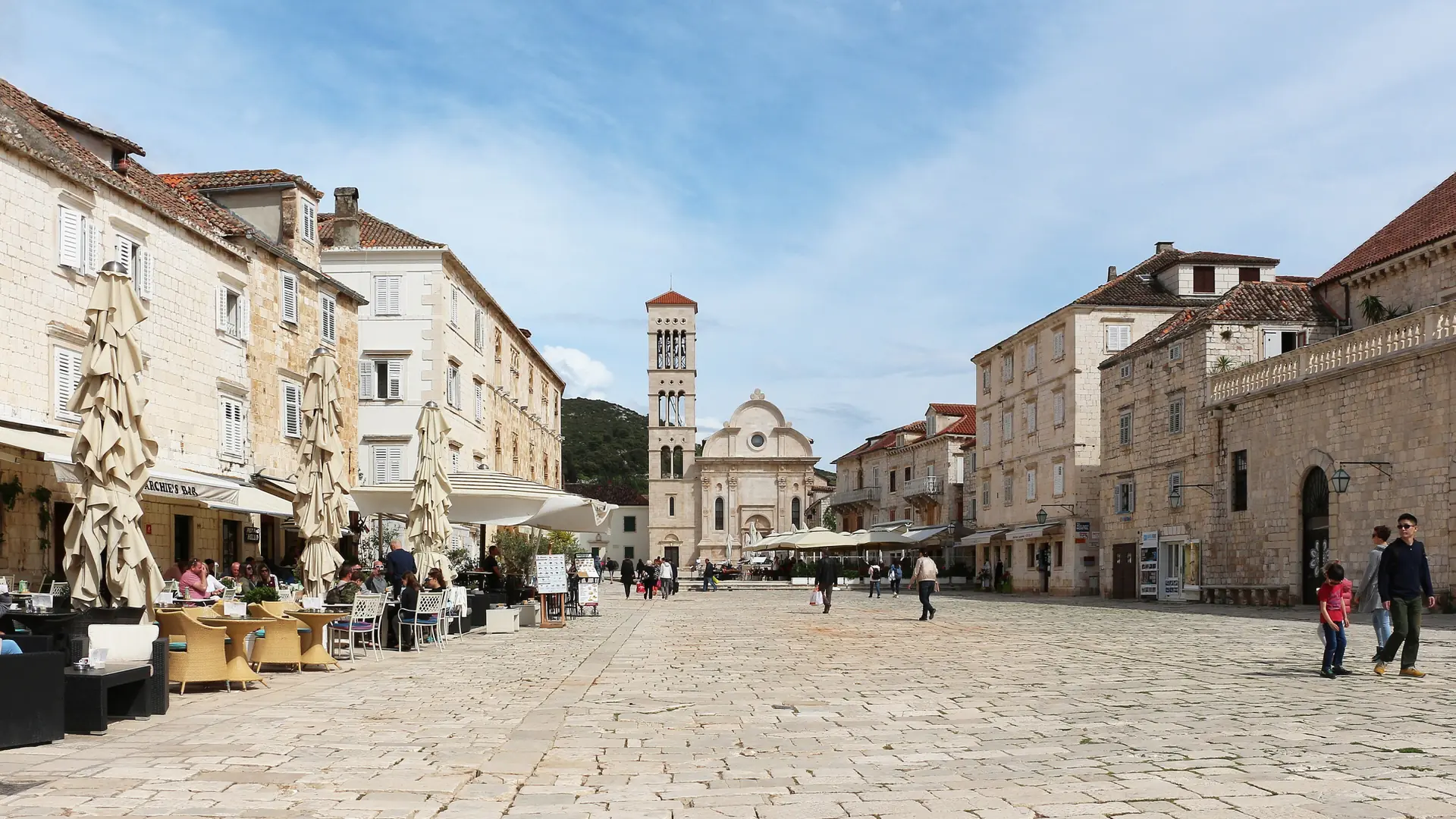 St Stephen’s Cathedral at the far end of Hvar Town’s main square
