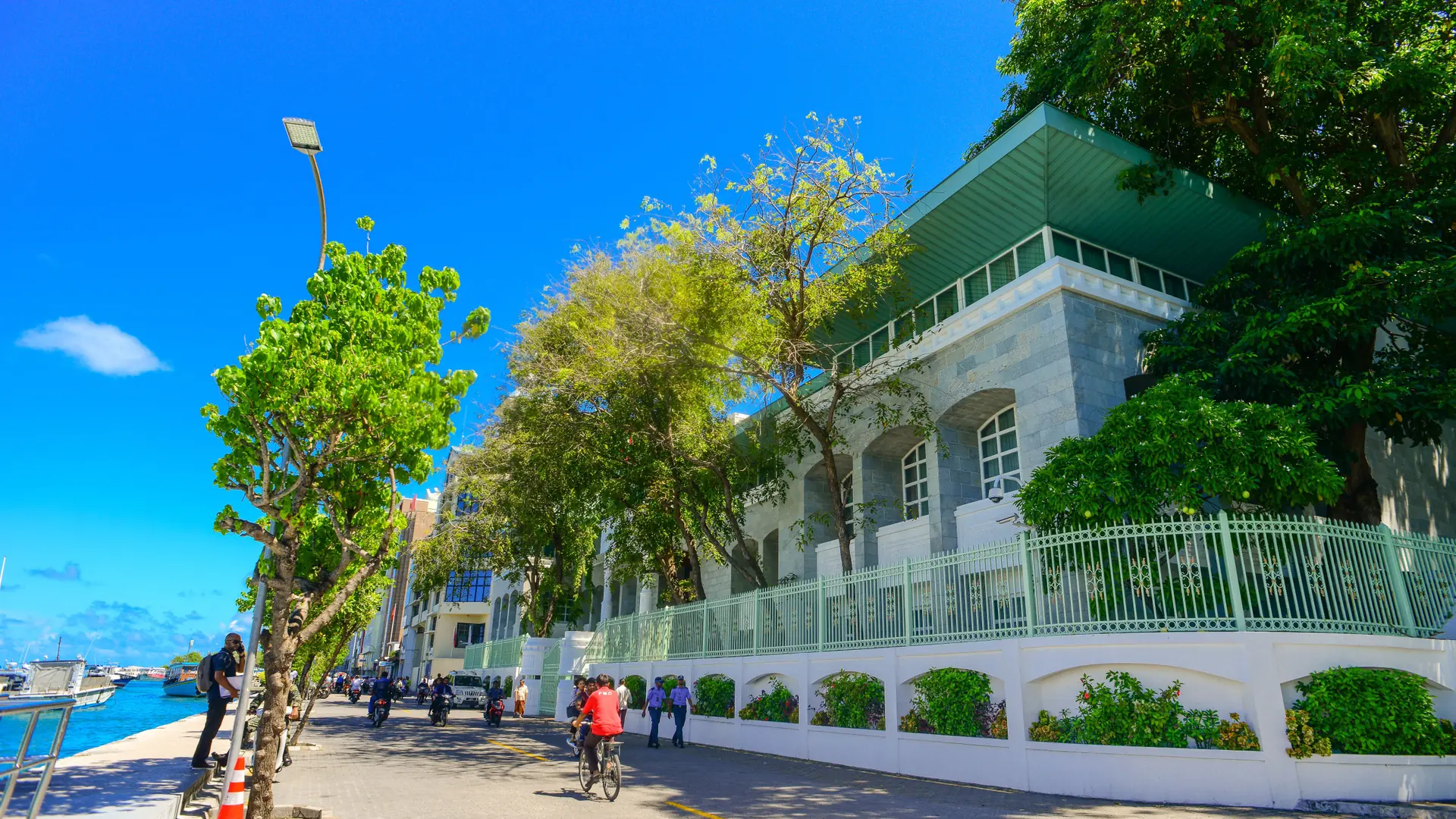 Sunlit Malé waterfront street with pedestrians, trees and the sea beyond