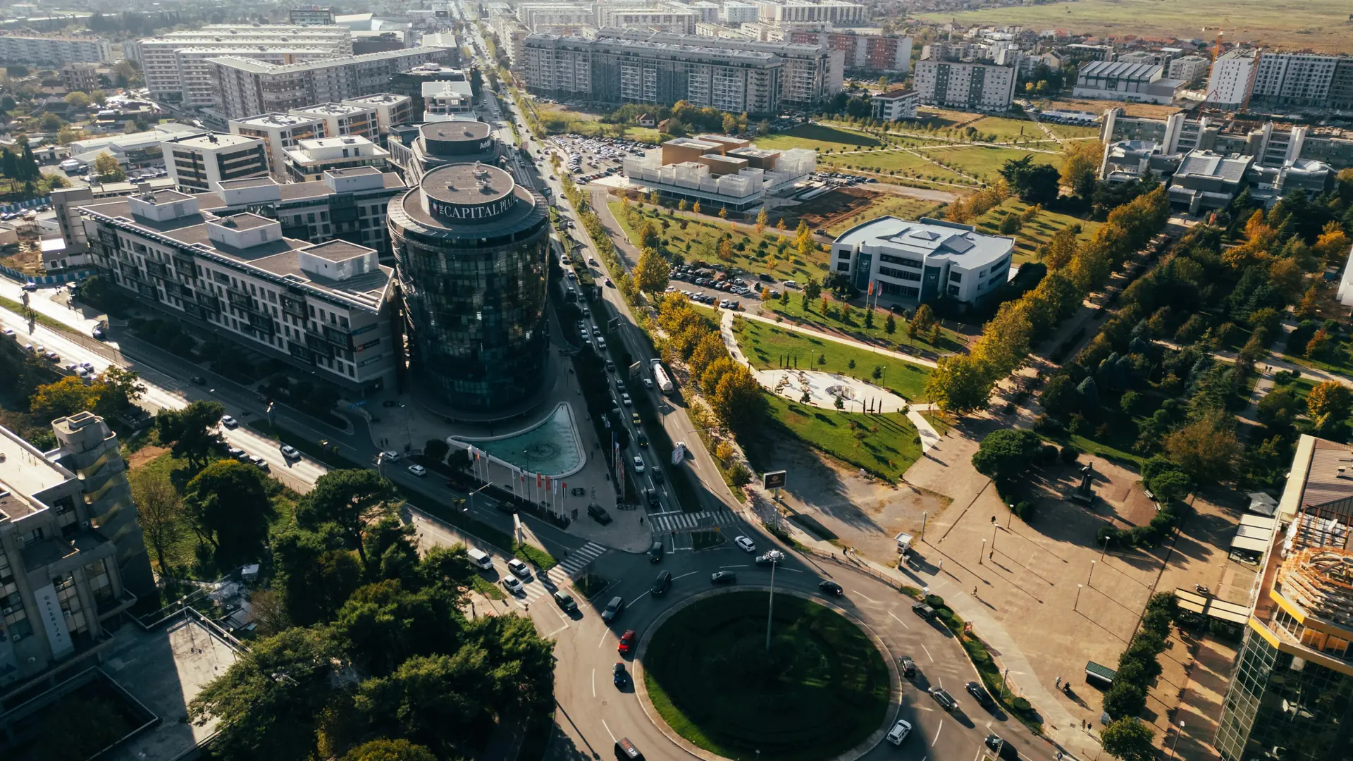Aerial view of Podgorica Capital Plaza and surrounding city streets