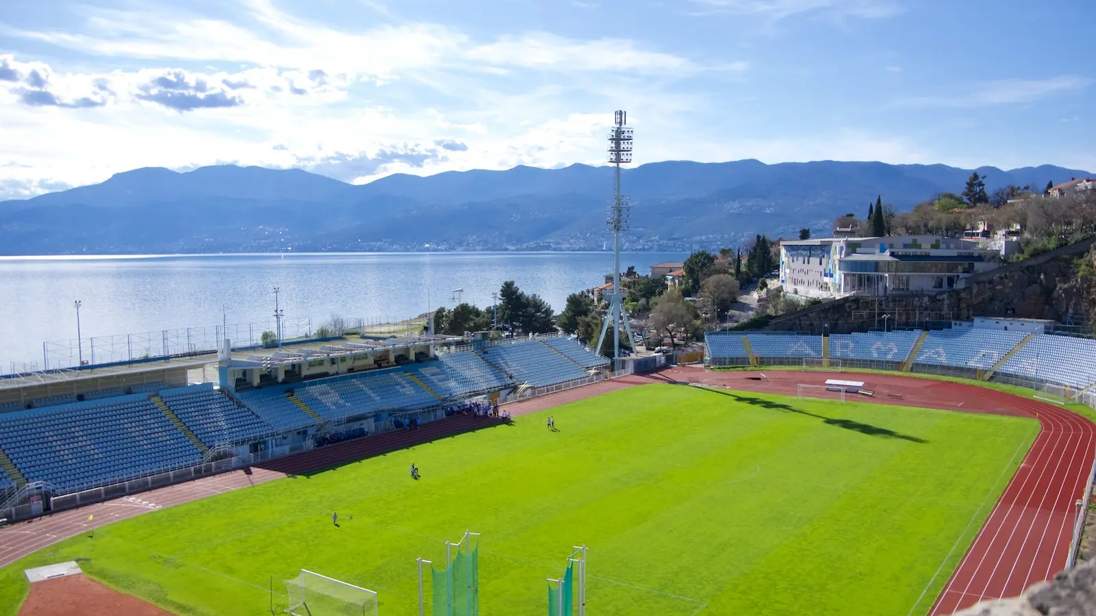 Kantrida football stadium beside the sea, looking towards the Kvarner coast