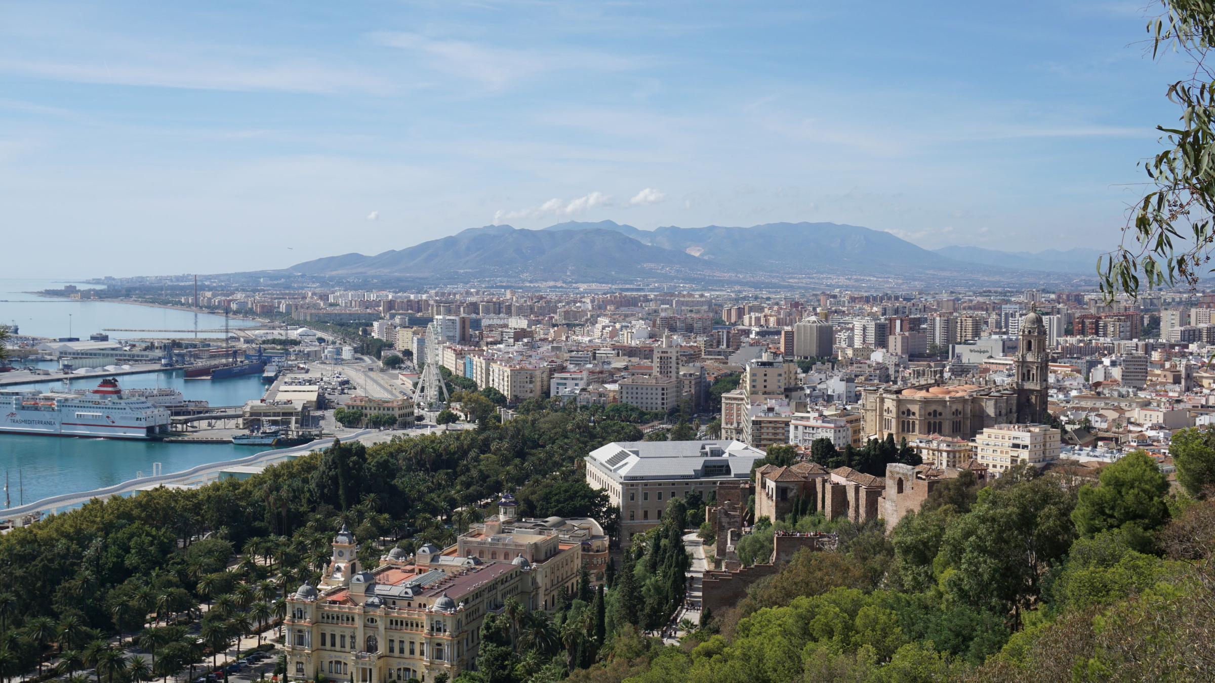 Málaga Cathedral, Alcazaba and harbour seen from a sunny hillside viewpoint