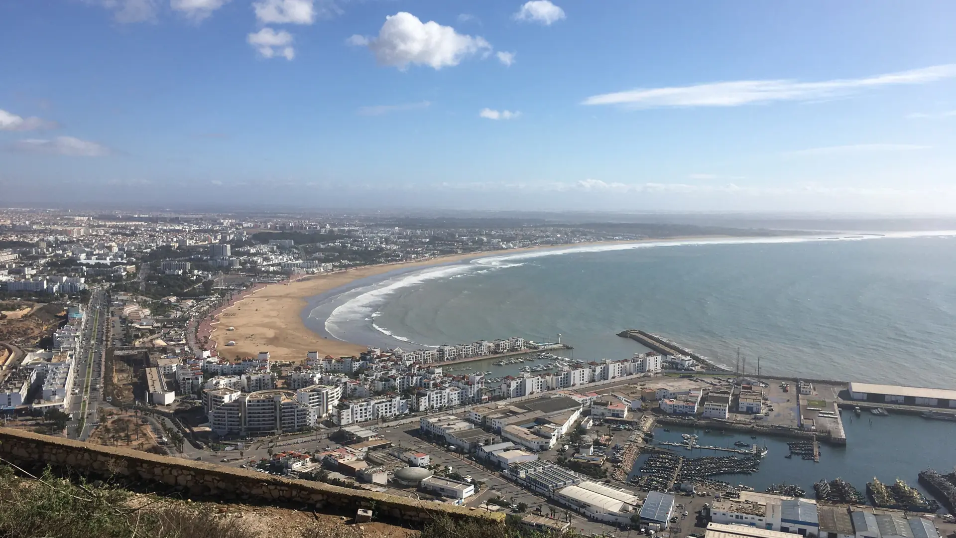 Agadir’s city centre and curving bay seen from the Kasbah in daylight
