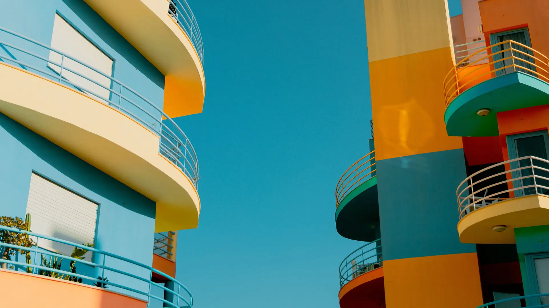 Colourful curved apartment balconies in modern Faro architecture