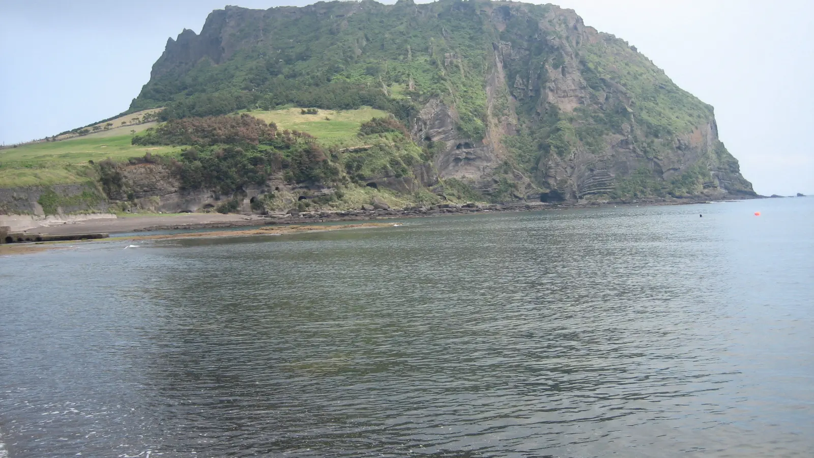 Seongsan Ilchulbong's green volcanic cliff face rising above a calm bay under bright daylight, Jeju Island, South Korea