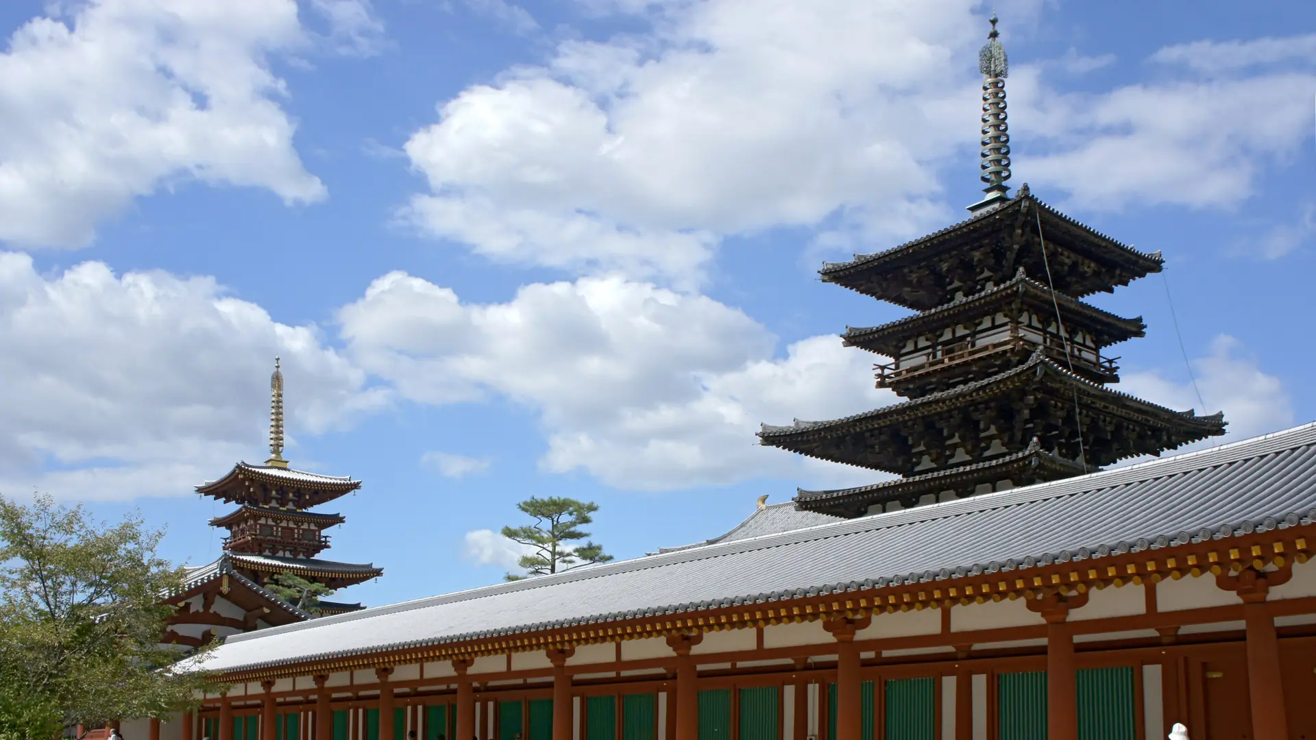 Yakushiji’s East and West Pagodas above its red-and-white covered corridor