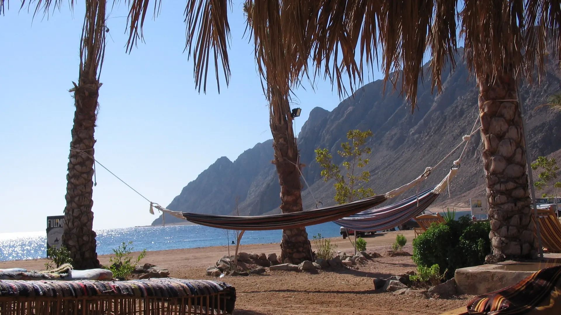 Hammock between palms on a Dahab coast beach, with the sea and Sinai mountains beyond