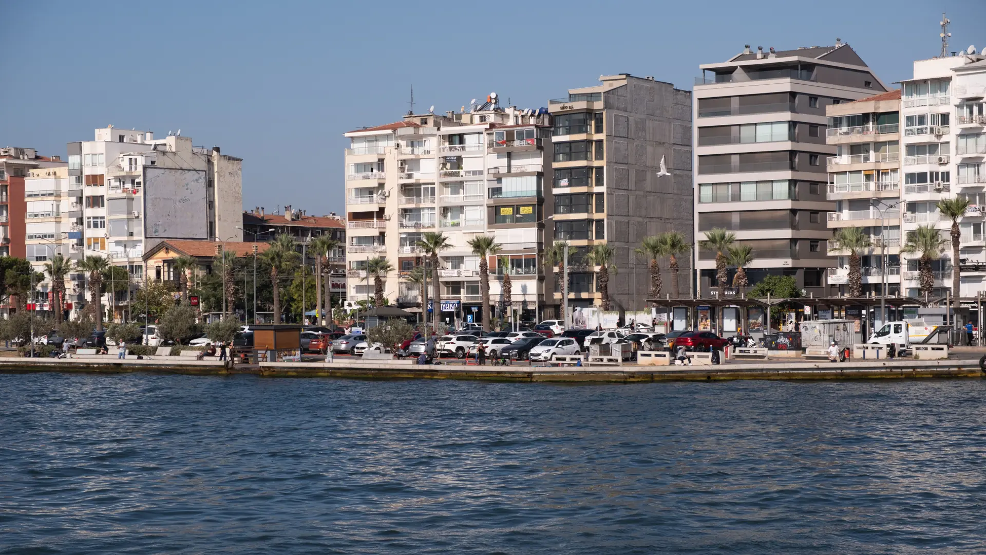 Sunlit waterfront buildings and palms beside İzmir Bay