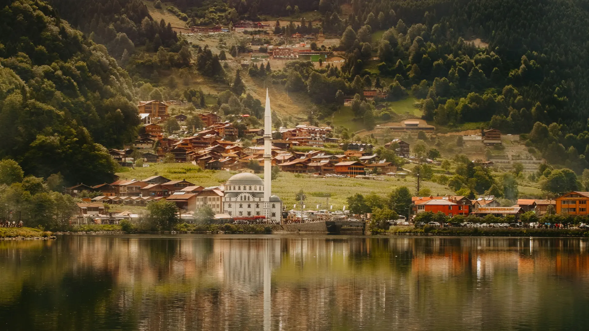 Uzungöl village and mosque beside a mountain lake in Turkey’s green Trabzon region