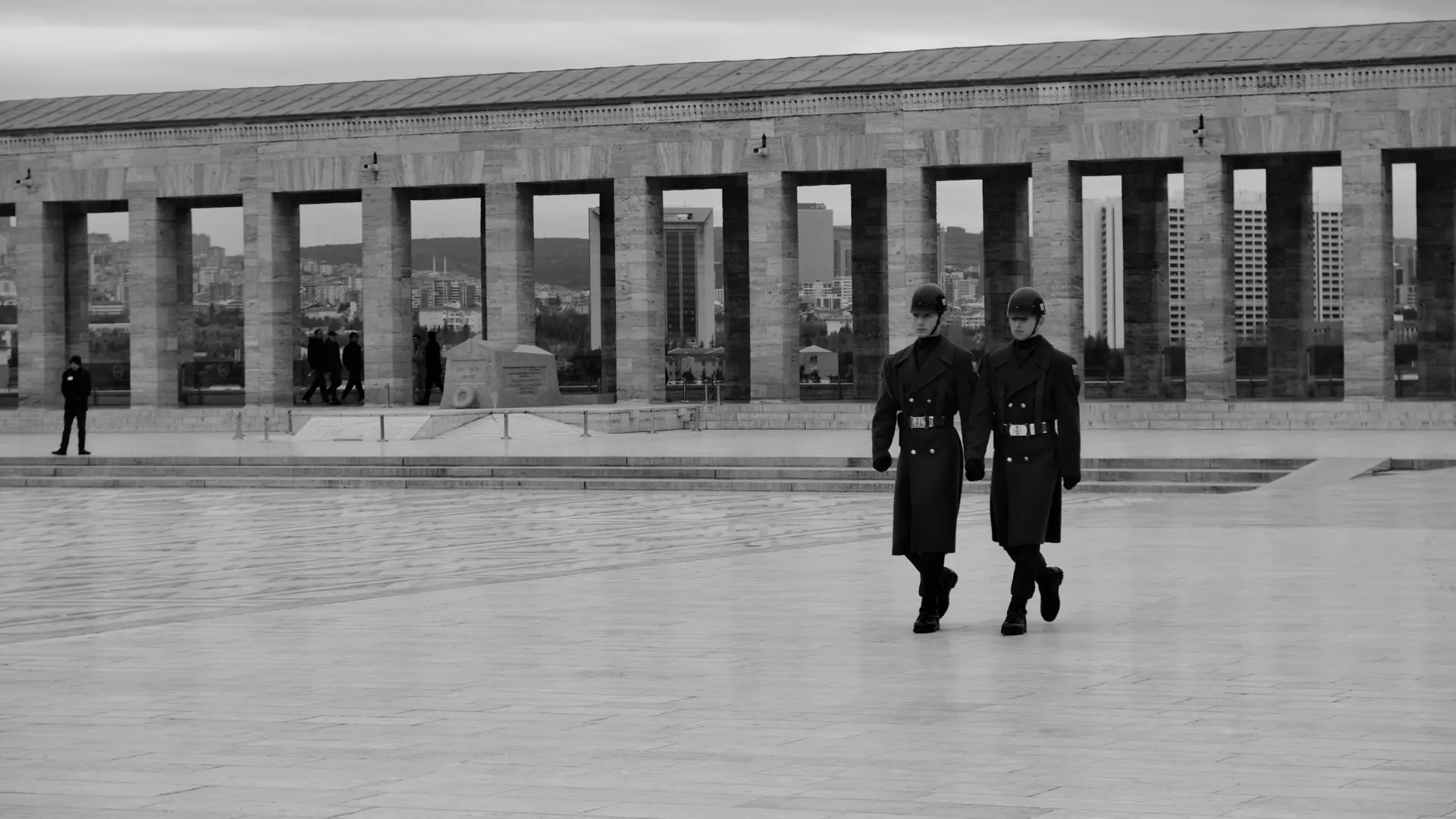 Ceremonial guards crossing the courtyard at Anıtkabir in Ankara
