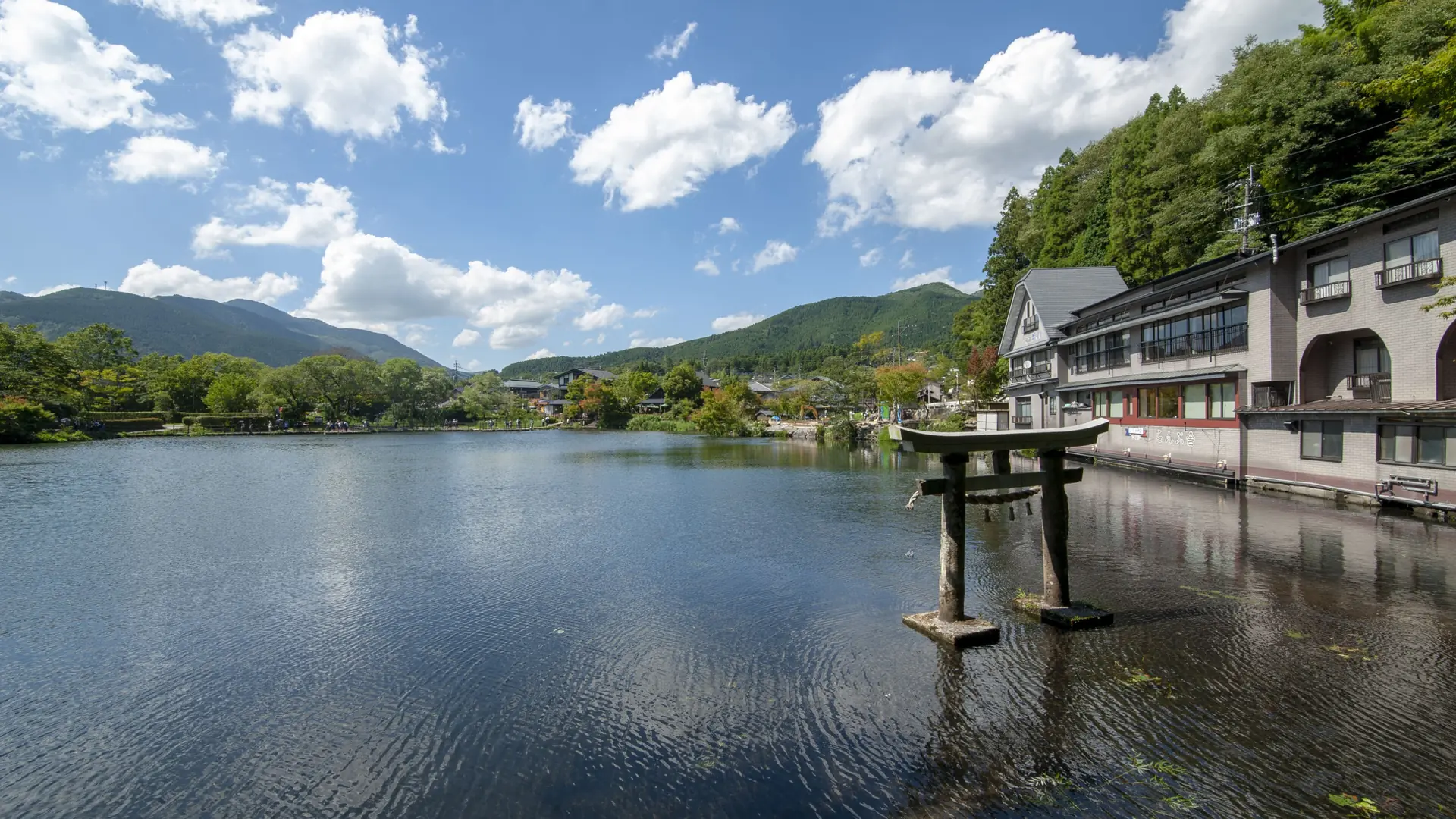 Lake Kinrin and Mount Yufu in calm morning light