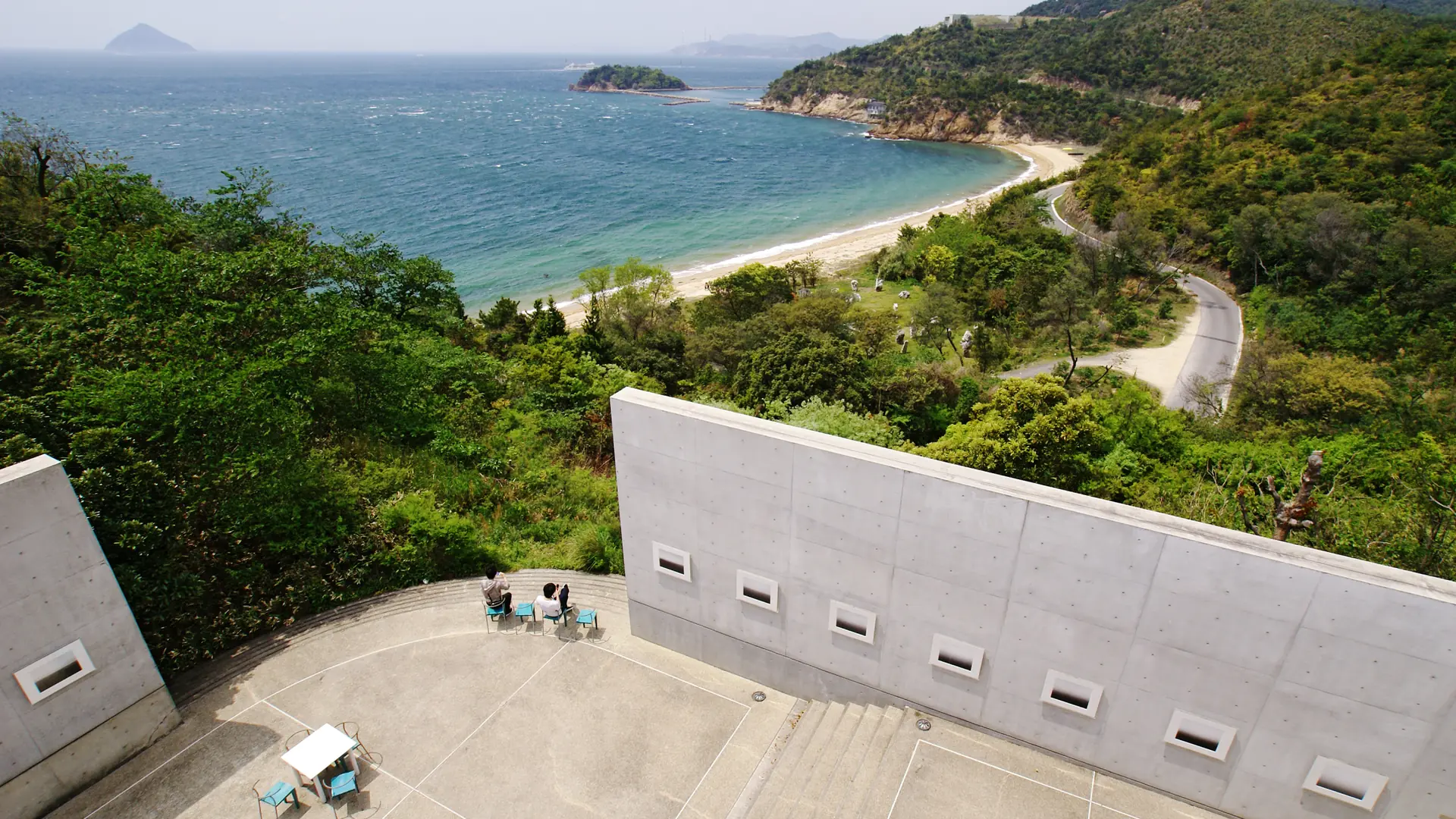 Contemporary art and minimalist architecture beside the blue Seto Inland Sea