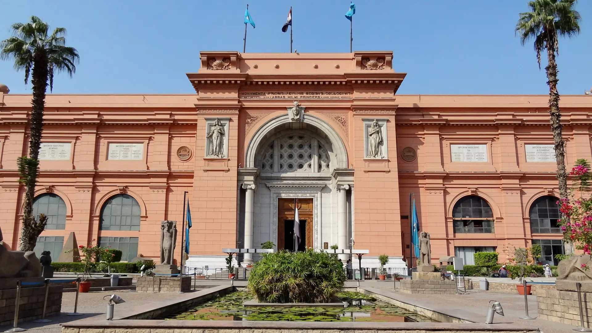 Sunlit Egyptian Museum entrance at Tahrir Square in Cairo