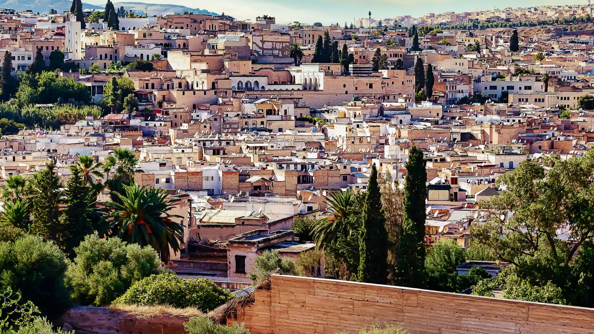 Craft roofs and minarets across the historic medina of Fes on a clear day