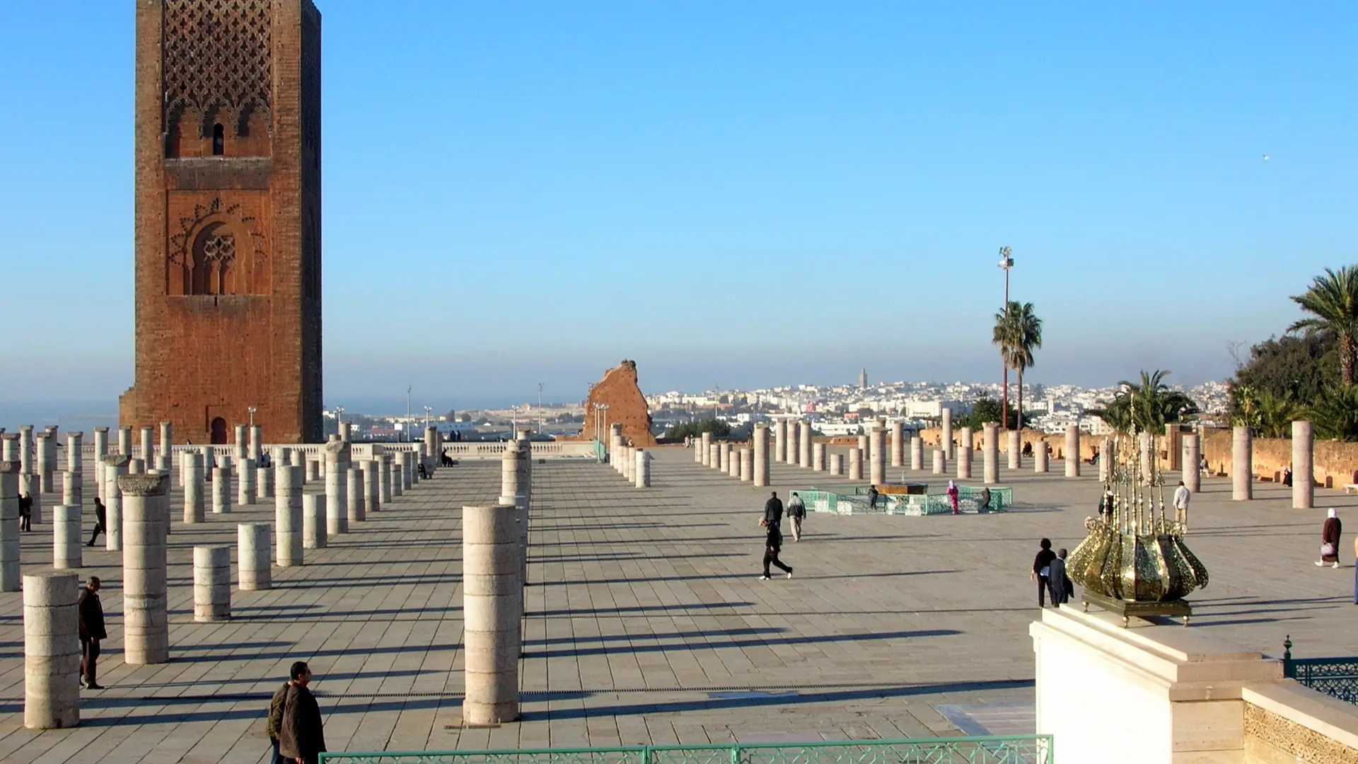 Hassan Tower and its columned esplanade in Rabat under a clear blue sky