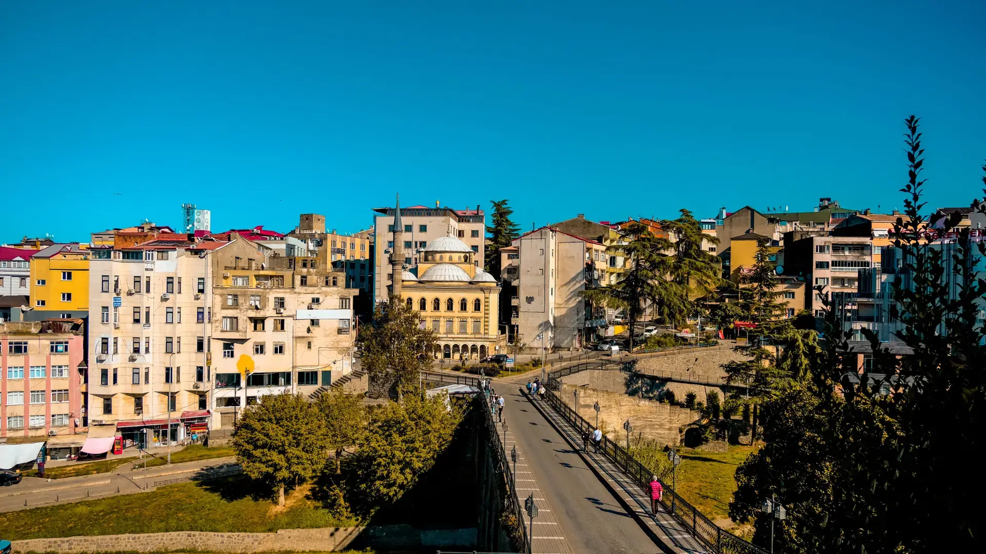 Sunny Trabzon cityscape with historic buildings climbing a green hillside
